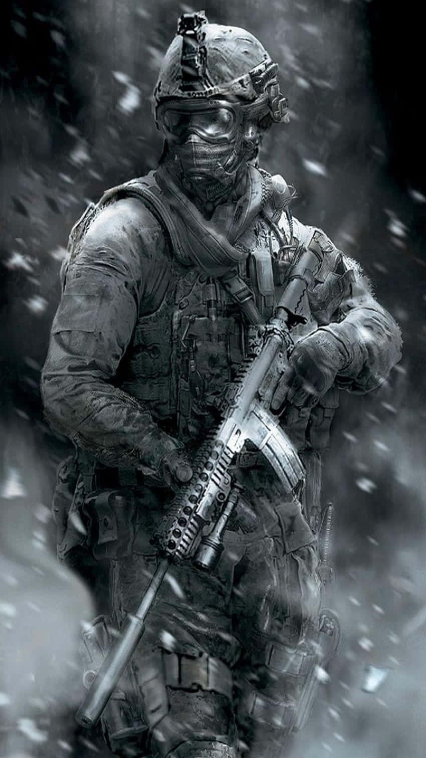  壁紙 — 一名身穿全套戰術裝備的士兵在暴風雪中堅定站立，步槍緊握抵禦呼嘯的寒風。
