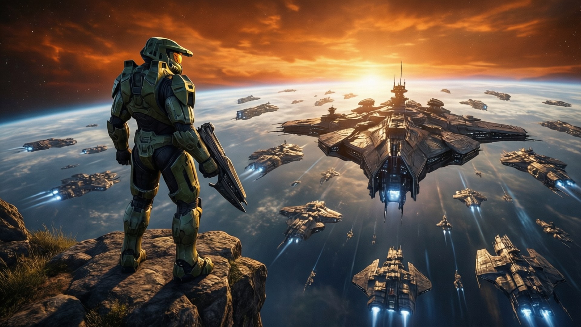 Fleet Overlook 壁紙 — 一名身穿綠色盔甲的士兵站在懸崖上，俯瞰著一支未來主義戰艦艦隊，背景是行星上空熾熱的日落。