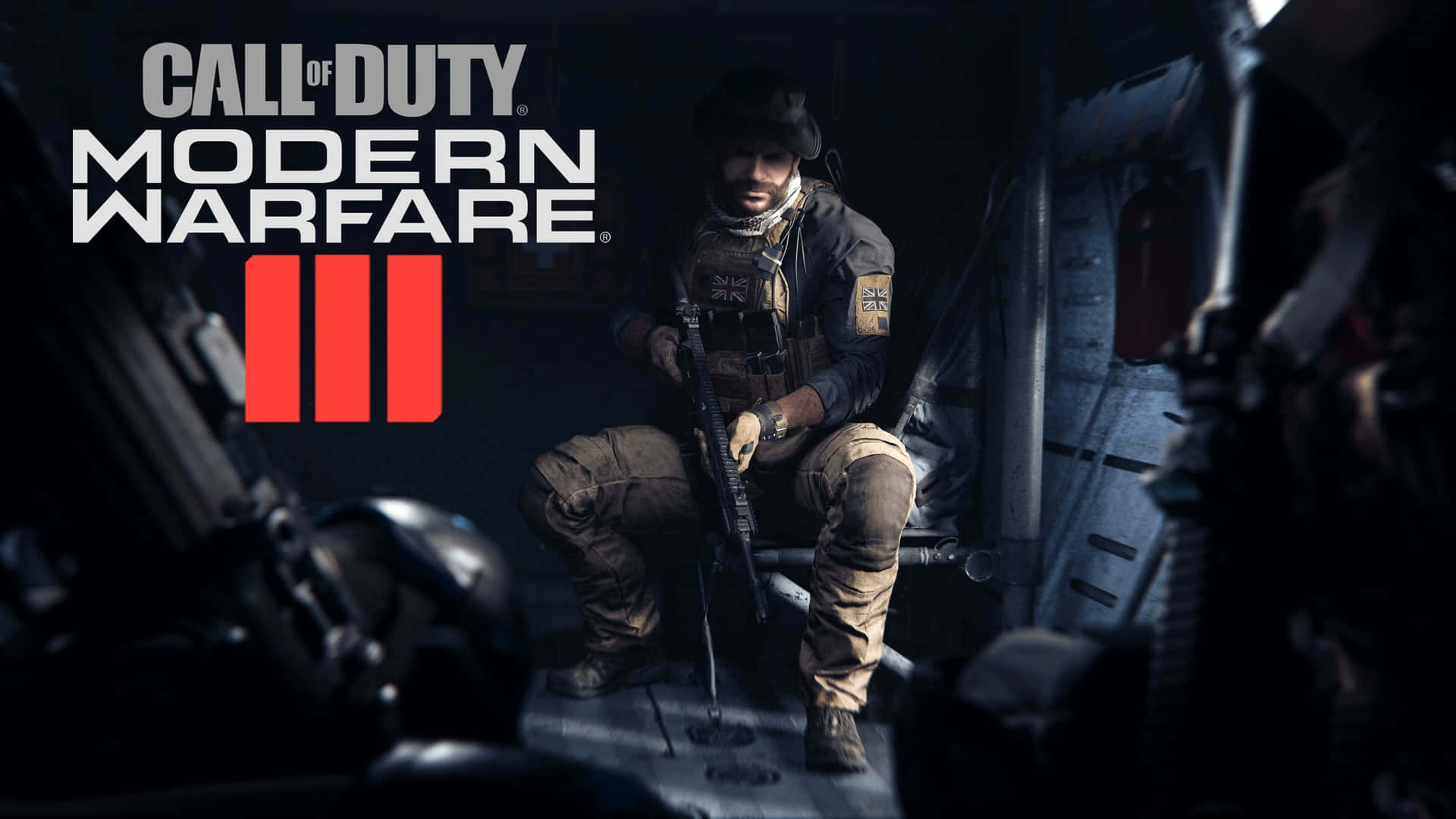  壁紙 — 一名身穿戰術裝備的士兵蹲在光線昏暗的軍用車輛內，Call of Duty Modern Warfare III 標誌顯眼地展示。