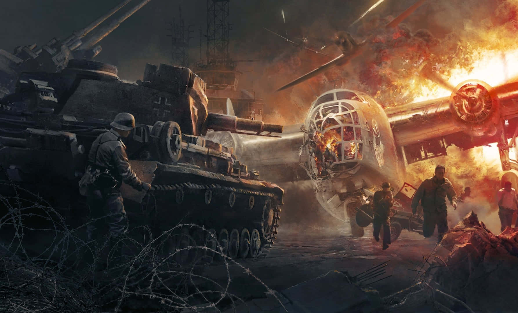 World War 桌布 壁紙 — 士兵在燃燒的橙色爆炸中，於墜毀轟炸機和坦克的燃燒殘骸中戰鬥。