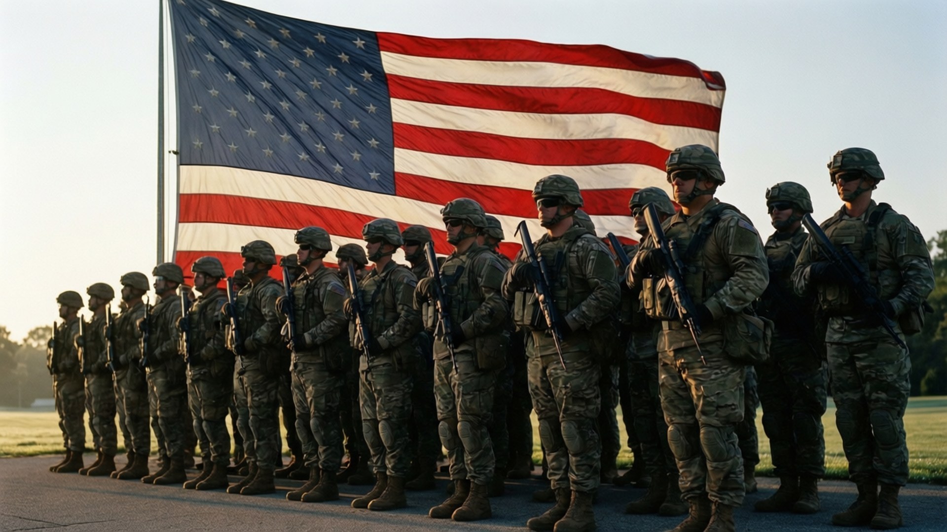 Formation of Honor 壁紙 — 身穿迷彩軍服的士兵排成直線持槍立正，身後美國國旗飄揚。