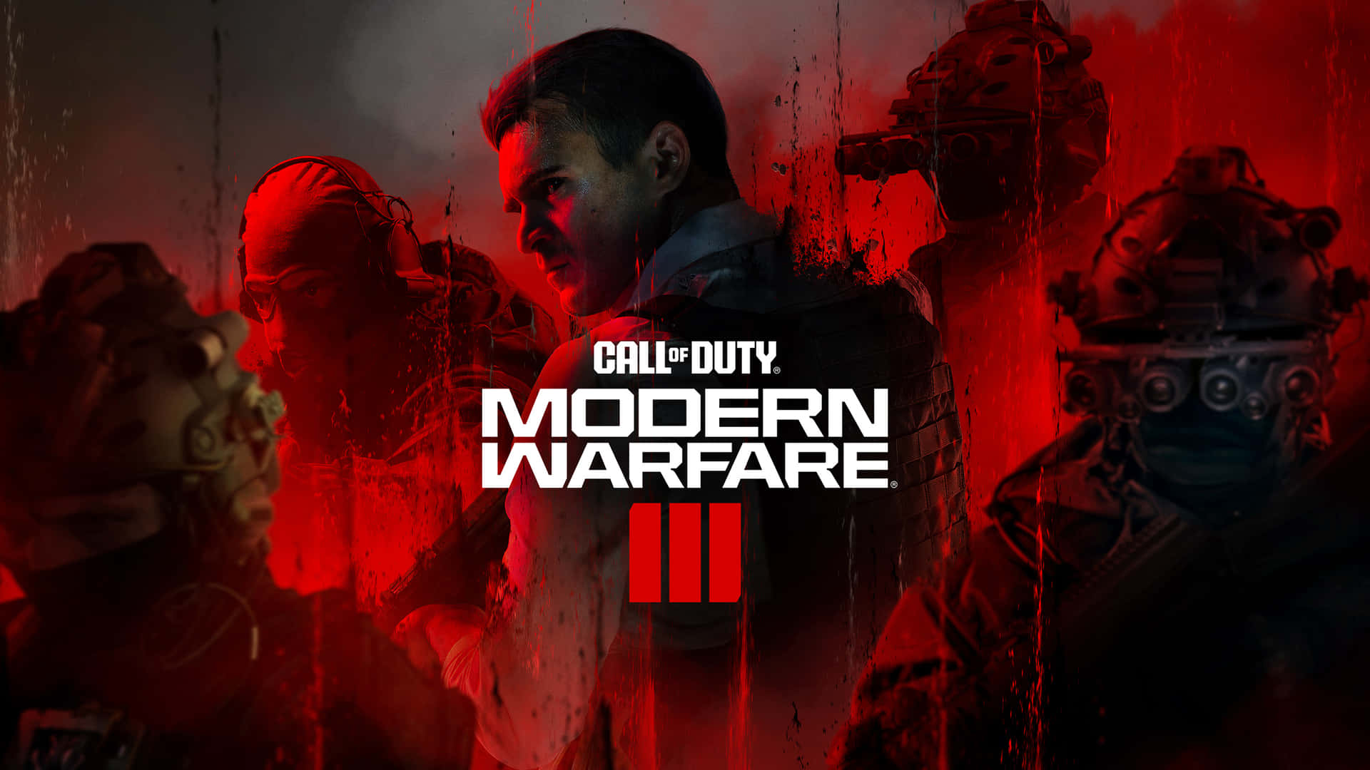  壁紙 — 身穿戰術裝備的士兵站在血紅色光芒下，中央是Call of Duty Modern Warfare III標誌。