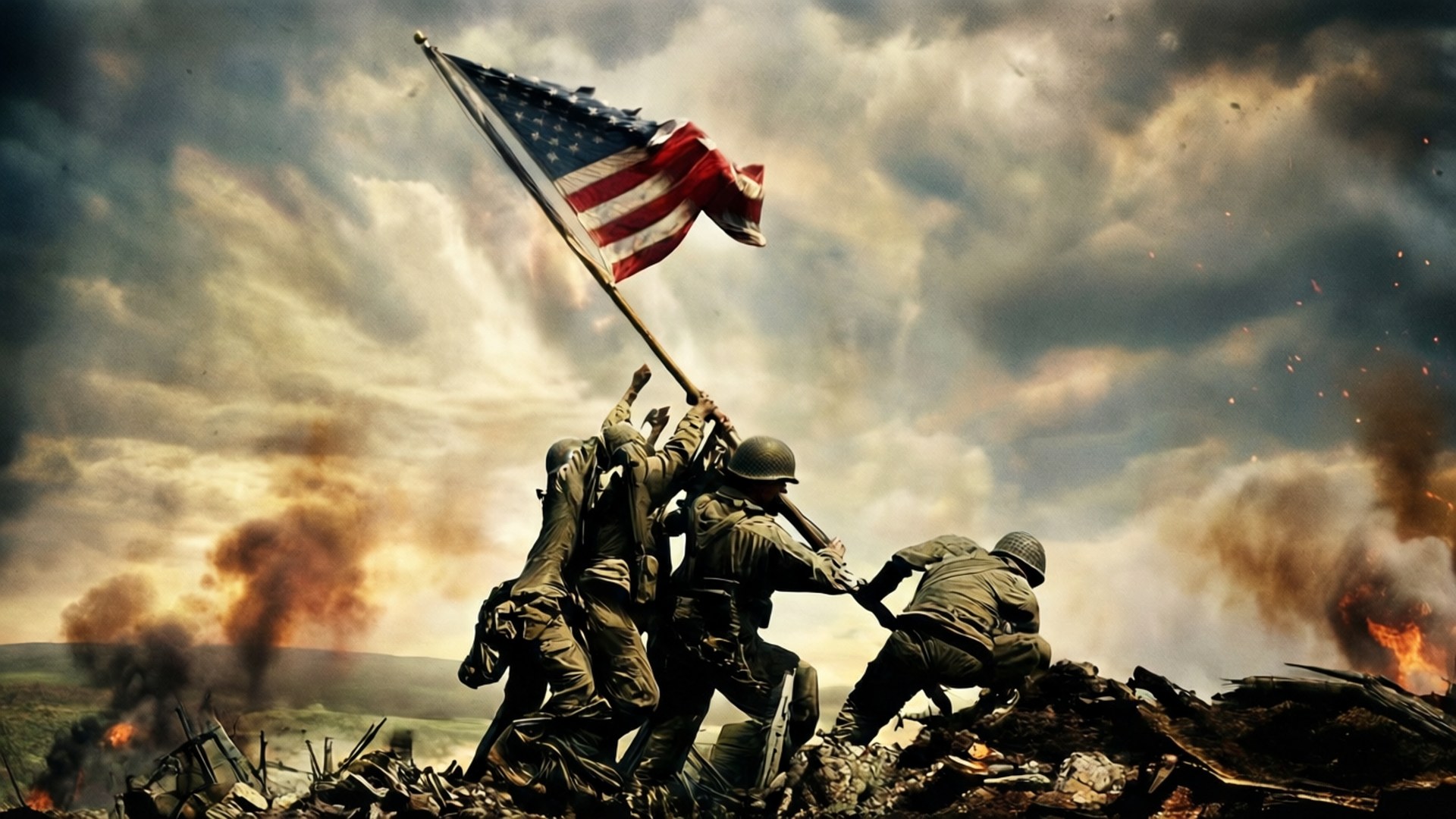 Flag of Honor 壁紙 — 士兵們在佈滿碎片和煙霧的戰場頂部，在戲劇性的多雲天空下升起美國國旗。