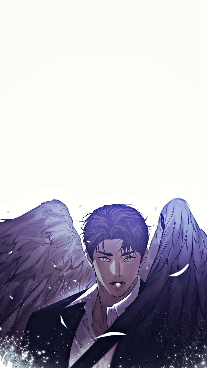 Manhwa 桌布 壁紙 — 一個莊嚴的動漫天使，擁有深紫色翅膀和星塵粒子，在明亮的白色背景上向上凝視。
