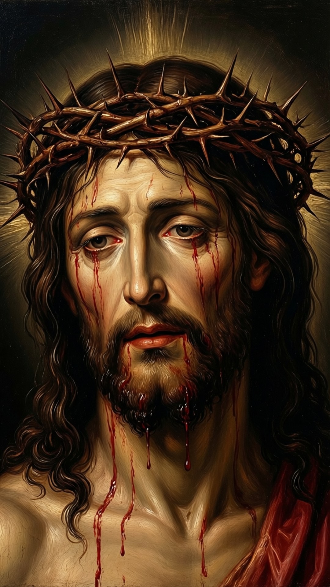 Suffering Christ Portrait 壁紙 — 一幅莊嚴的耶穌基督肖像，戴著荊棘冠冕，血從他的臉上滴下，背景是黑暗而光芒四射的。