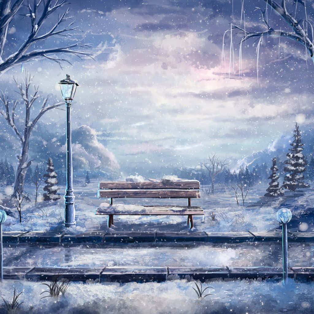  壁紙 — 一張孤獨的積雪長椅位於結冰的池塘旁，在暮色天空下，雪花飄落，冰柱從光禿禿的樹上垂下。
