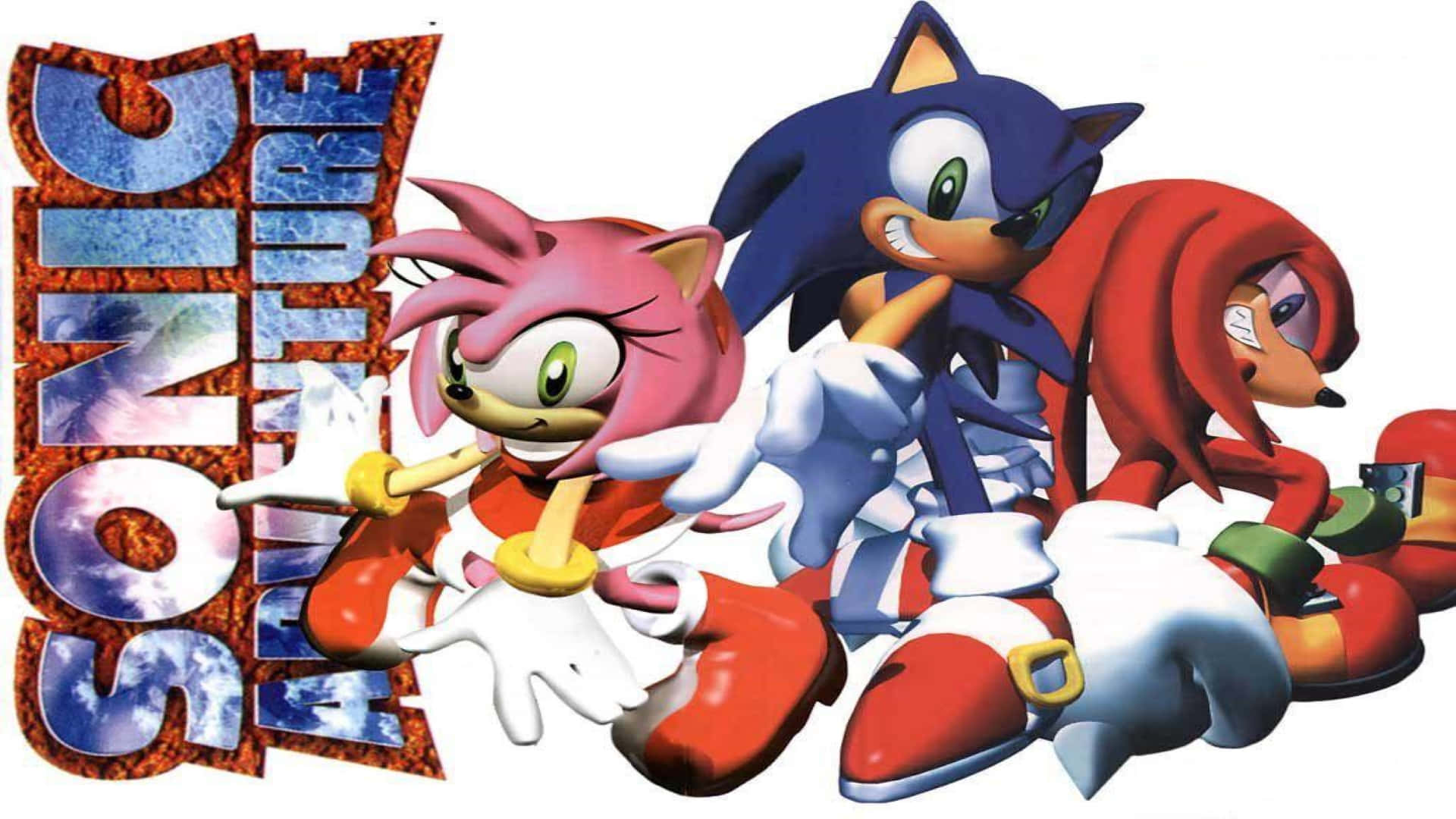 Sonic Adventure HD 桌布 壁紙 — Sonic、Amy 和 Knuckles 在一個風格化的 'Sonic Adventure' 標誌前動態擺姿勢，顏色鮮豔，輪廓大膽。