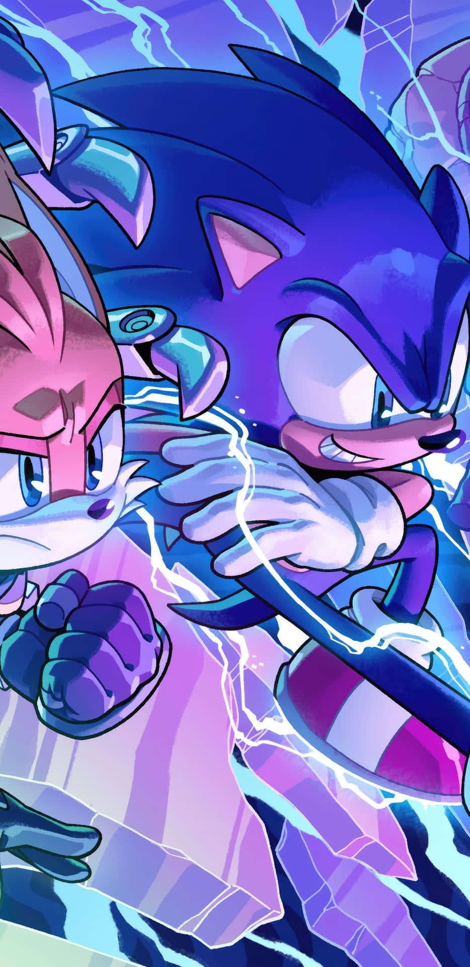  壁紙 — Sonic 與 Amy Rose 以動態動漫動作姿勢，被電藍色能量和破碎水晶效果包圍。