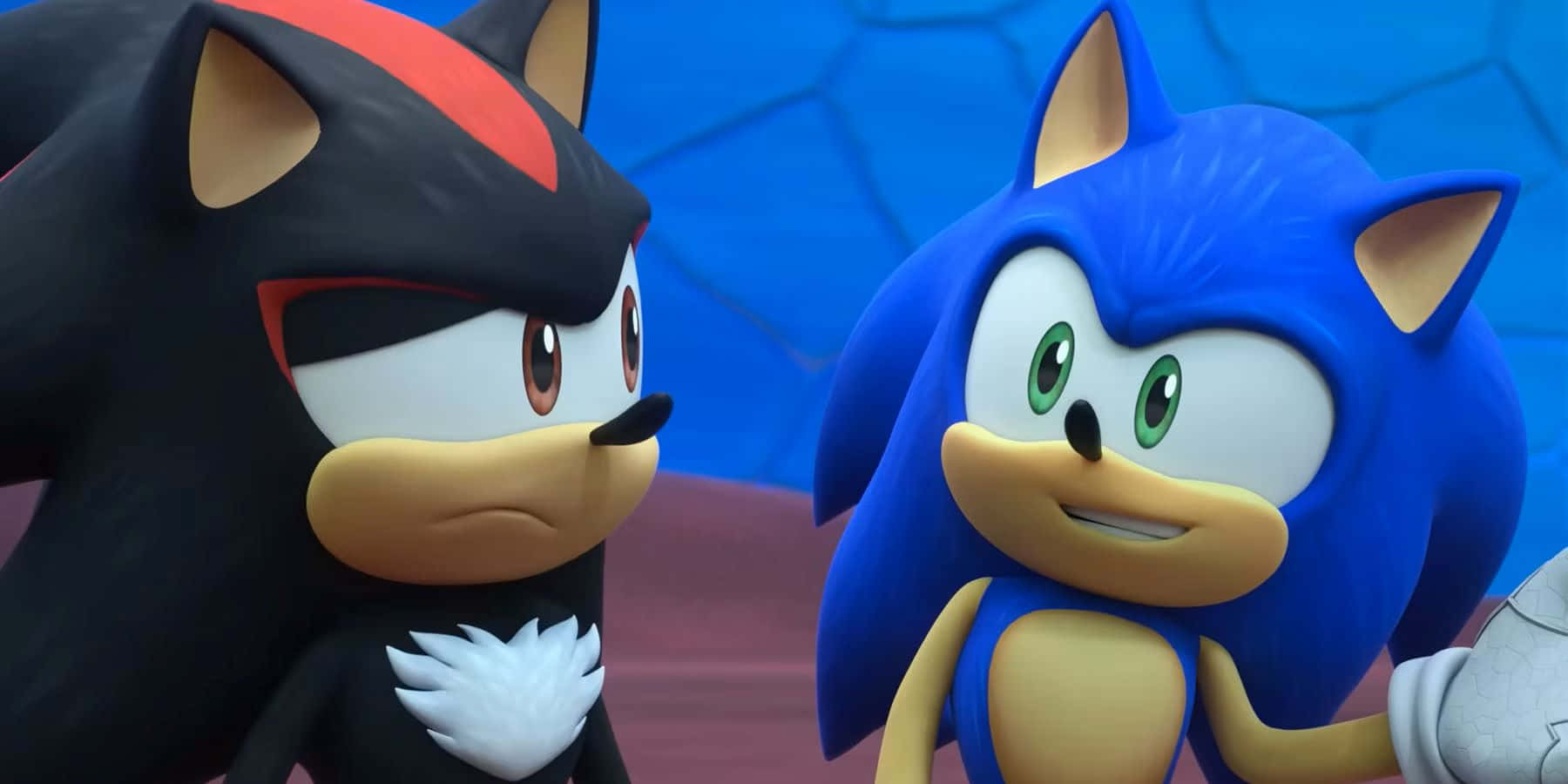  壁紙 — Sonic 與 Shadow 在一個充滿活力的 3d 渲染場景中對峙，場景有藍色石牆和溫暖的地板色調。