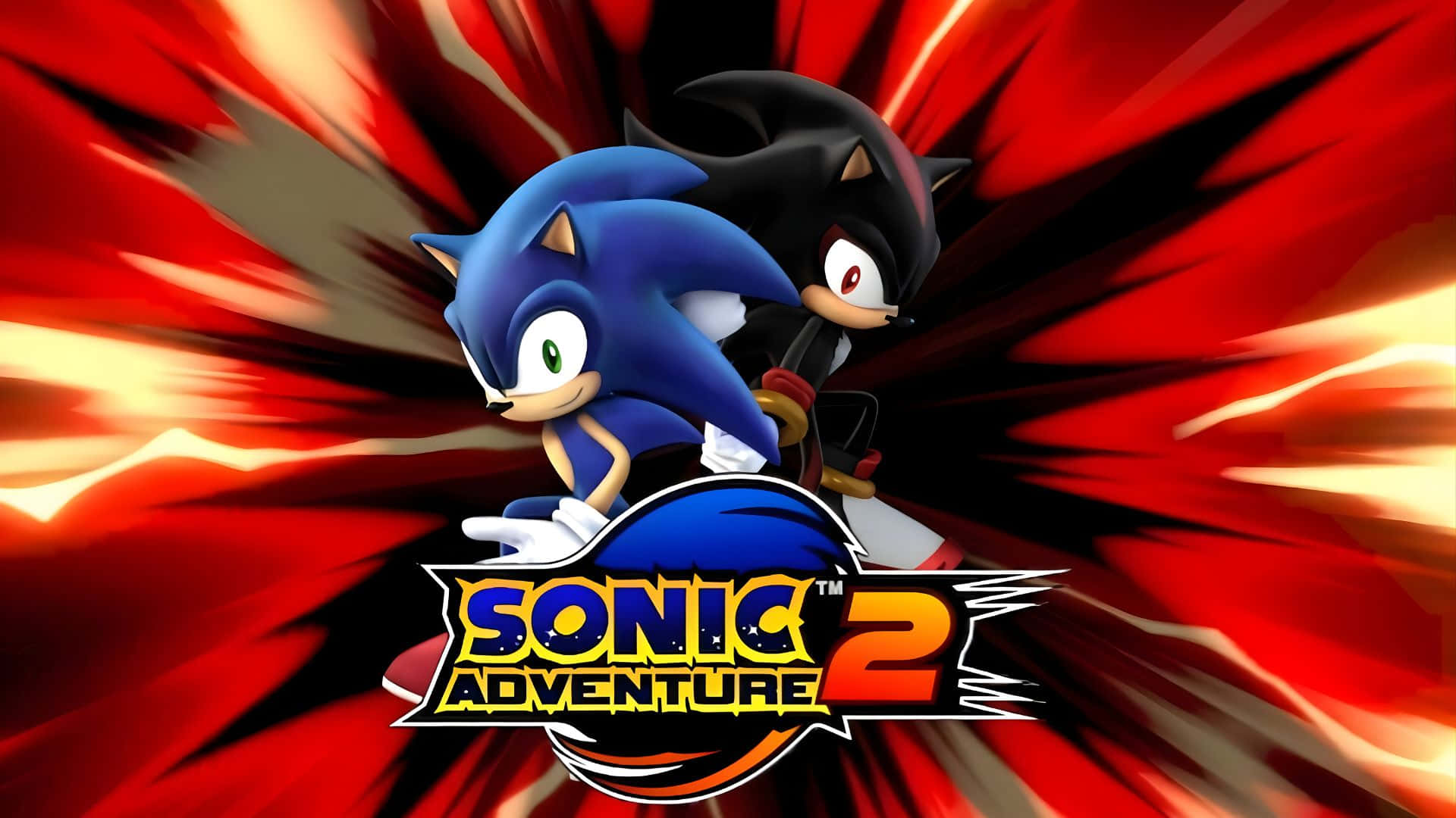  壁紙 — Sonic 和 Shadow 在火紅和橙色動態模糊背景前向前衝刺，帶有 Sonic Adventure 2 標誌。