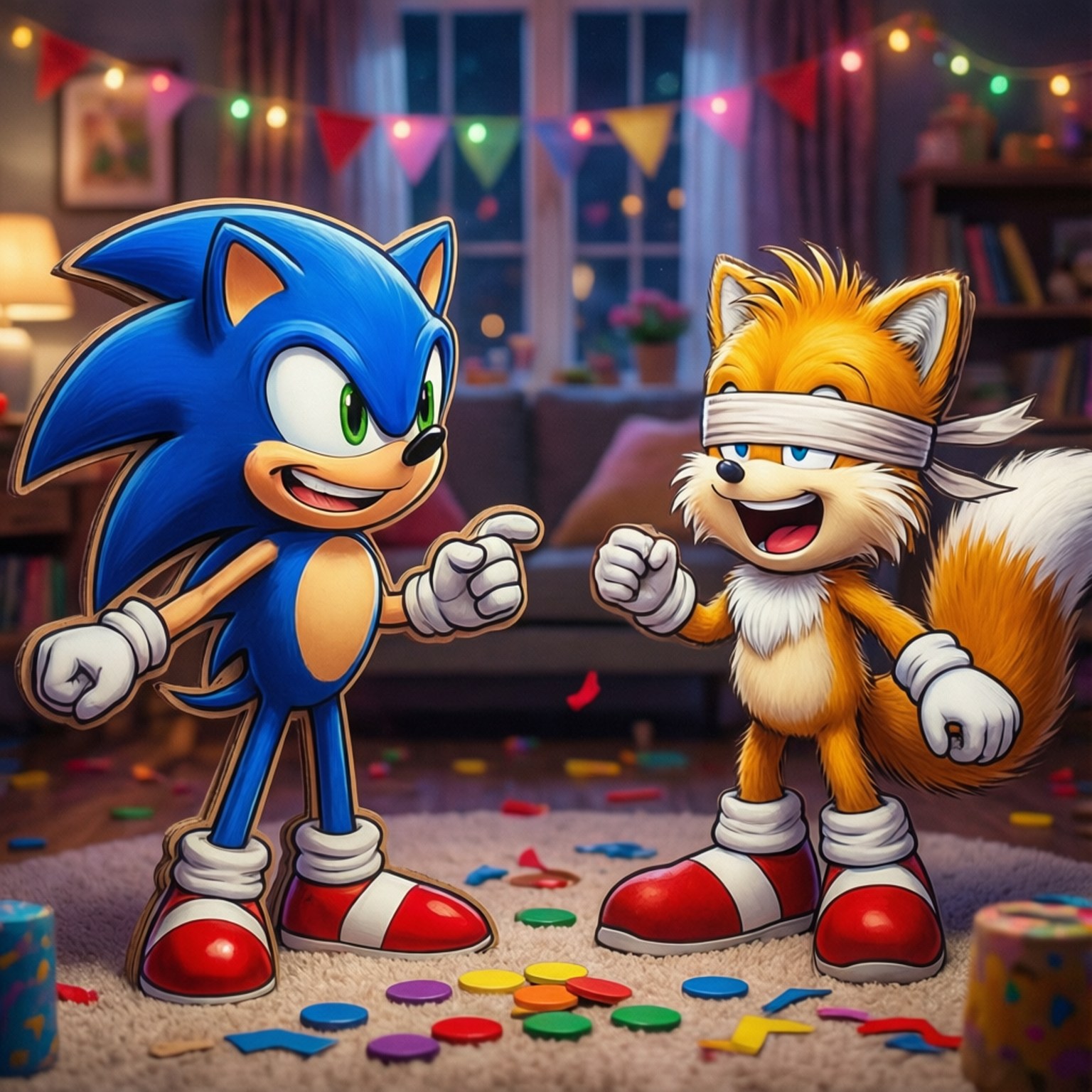 派對遊戲 壁紙 — Sonic 和 Tails 在一個舒適的房間裡慶祝，房間裡有五彩紙屑和溫暖發光的串燈，在夜晚閃耀。