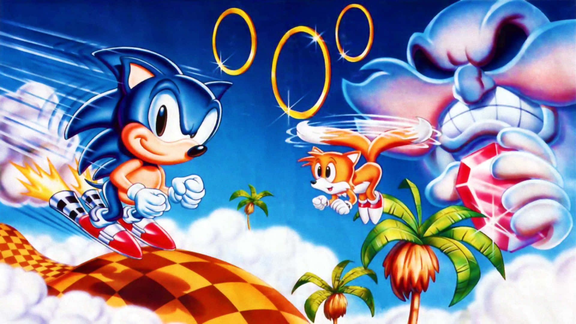  壁紙 — Sonic 和 Tails 在熱帶天空飛馳，躲避光環，而 Dr. Eggman 用巨型寶石追趕他們。
