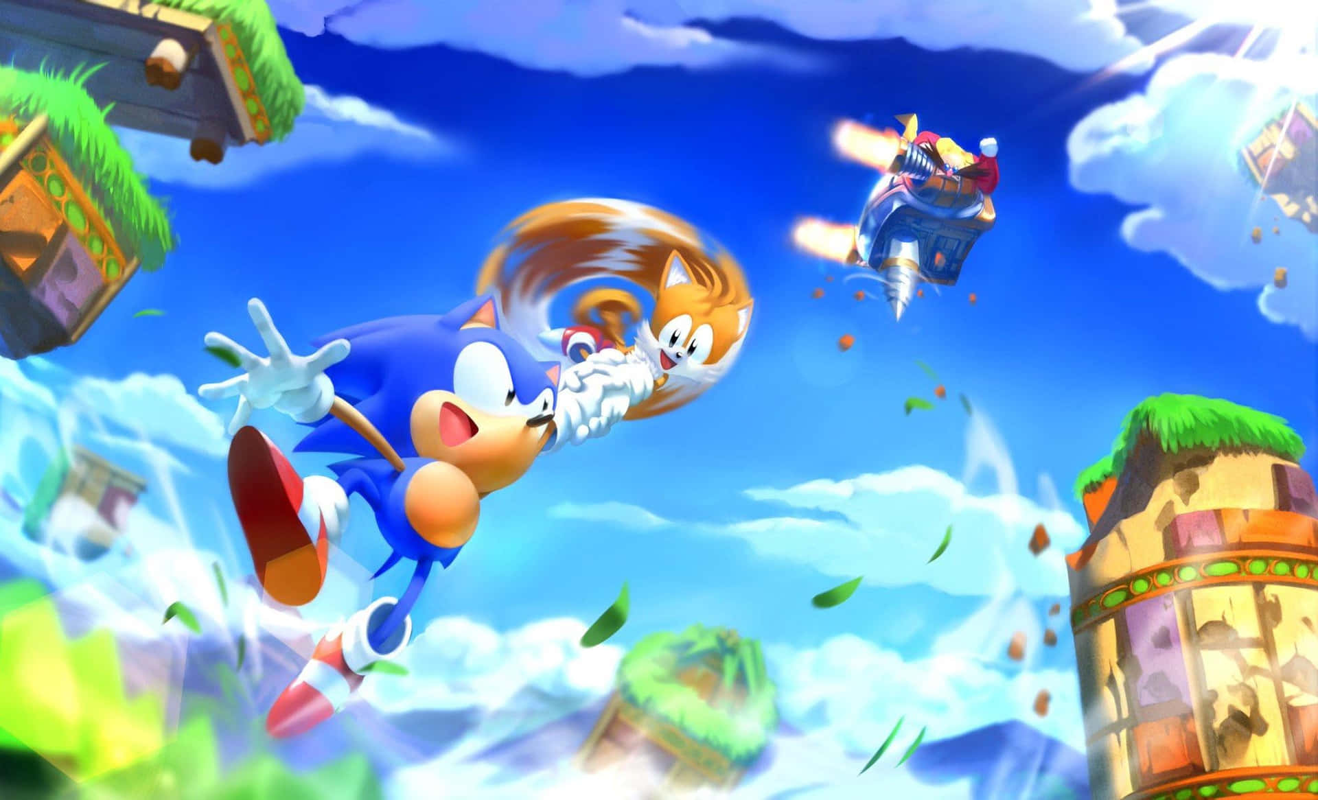  壁紙 — Sonic 和 Tails 在明亮的藍天中翱翔，周圍有漂浮的綠色島嶼和遠處的敵機。