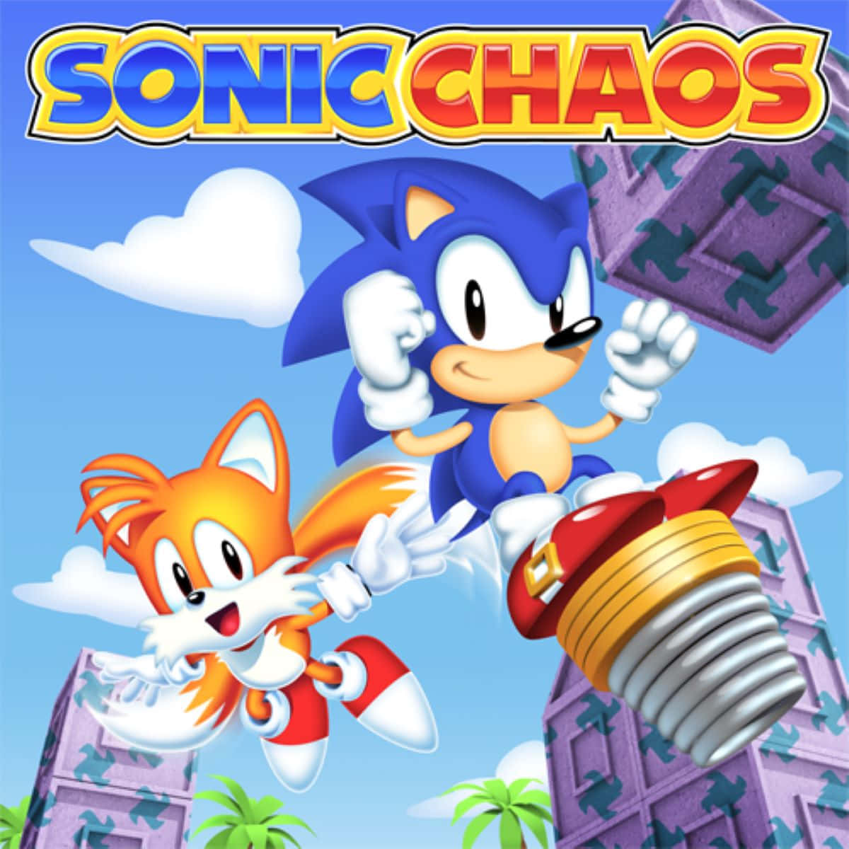  壁紙 — Sonic 和 Tails 在明亮的藍天中翱翔，穿過 fluffy 雲朵，經過紫色拼圖方塊建築和棕櫚樹。