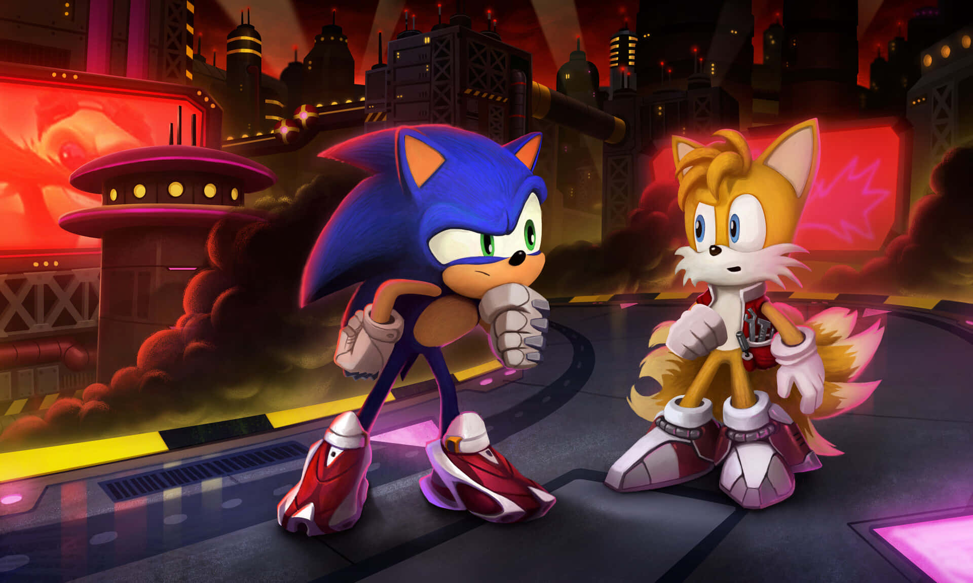  壁紙 — Sonic 和 Tails 在火紅天空下的霓虹燈未來城市景觀中準備就緒。
