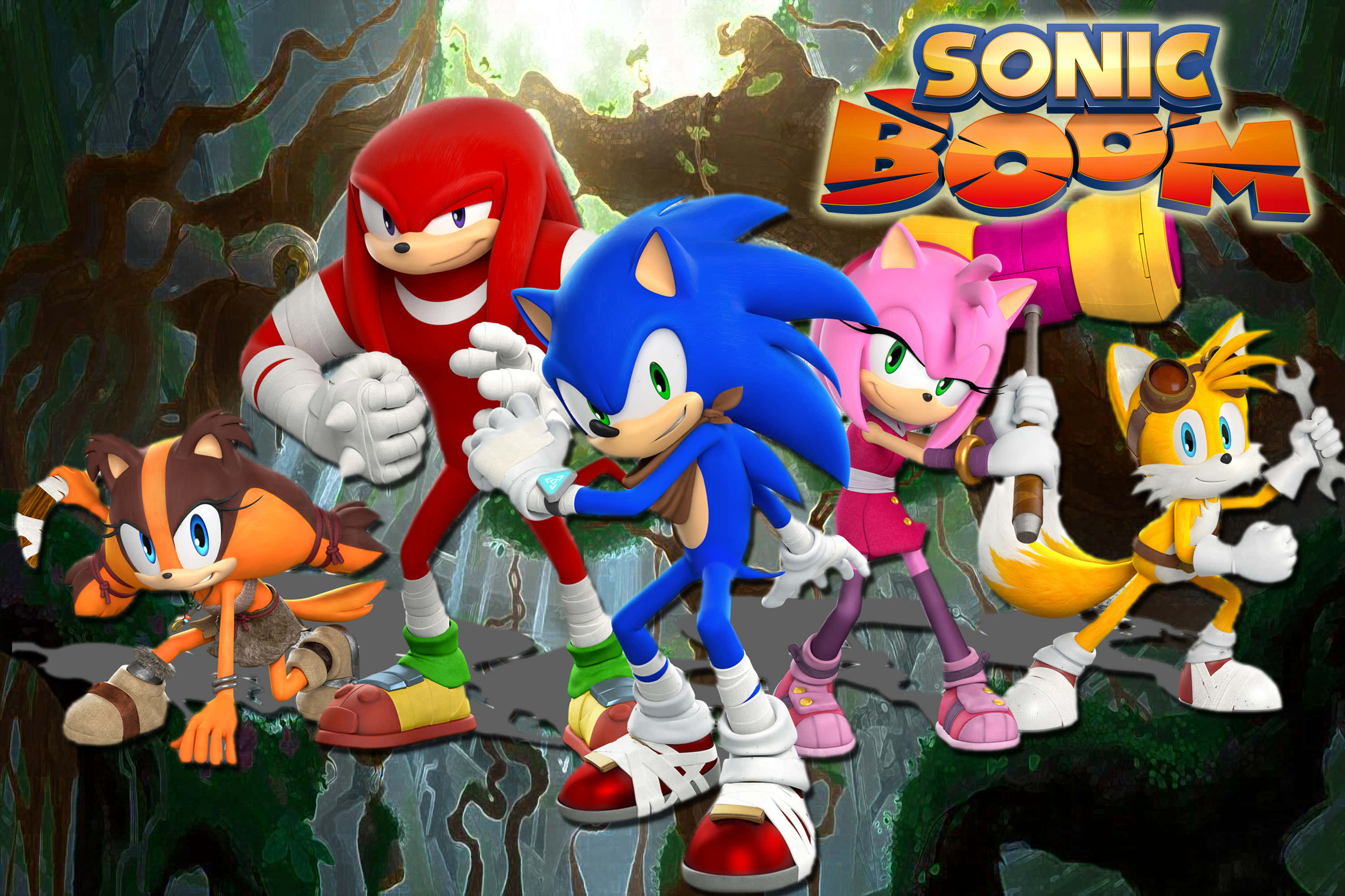 sonic boom 桌布 壁紙 — Sonic Boom 角色在一片茂密的綠色叢林中英勇地擺姿勢，背後有發光的光芒。