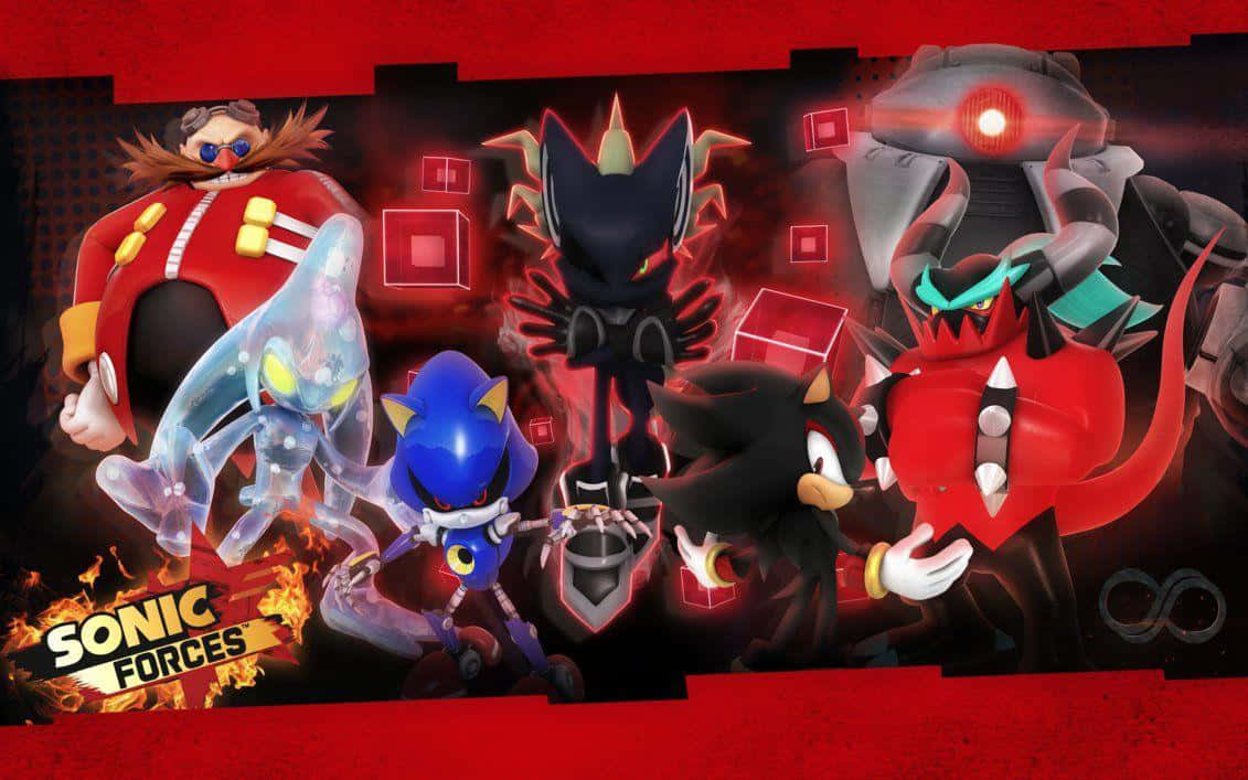 Sonic Forces Speed Battle 桌布 壁紙 — Sonic Forces 角色以動感姿勢呈現，背景為火紅與黑色的數位場景，並帶有發光的立方體。