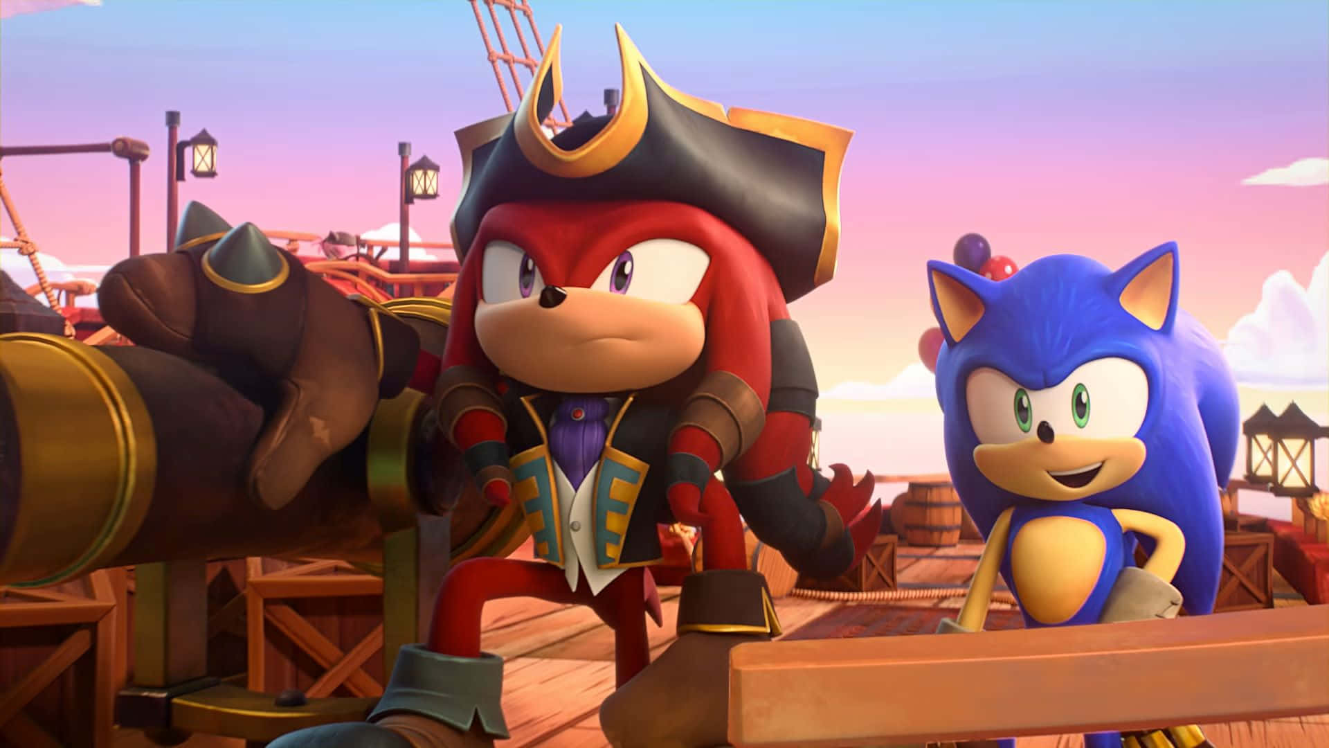  壁紙 — Sonic 和 Knuckles 站在海盜船甲板上，夕陽西下，身後是溫暖的粉紅色和橙色天空。