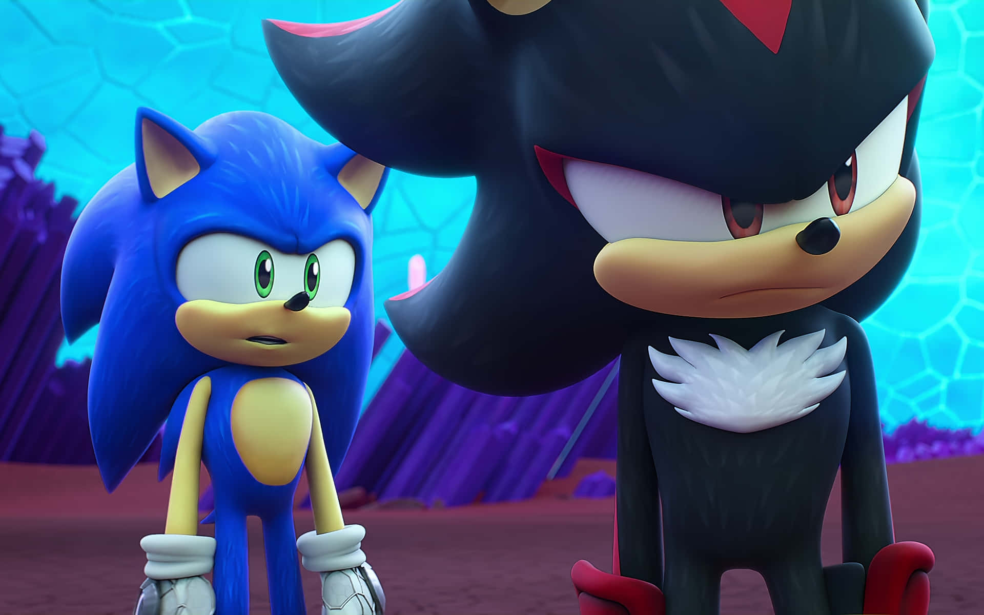  壁紙 — Sonic 和 Shadow 在一個充滿活力的外星景觀中面對面站立，周圍有發光的藍色和紫色水晶結構。
