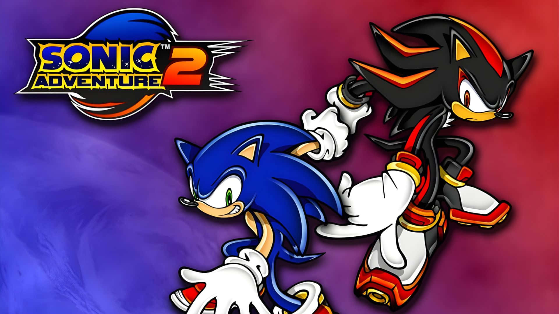  壁紙 — Sonic 和 Shadow 在紫色和紅色的漸變背景上動態競速，帶有 Sonic Adventure 2 標誌。