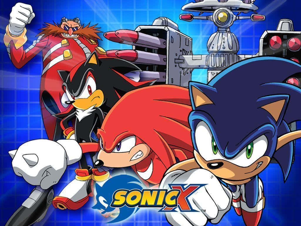 Sonic X 桌布 壁紙 — Sonic、Knuckles、Shadow 和 Tails 在藍色網格背景上以動態動作姿勢對抗機械敵人。