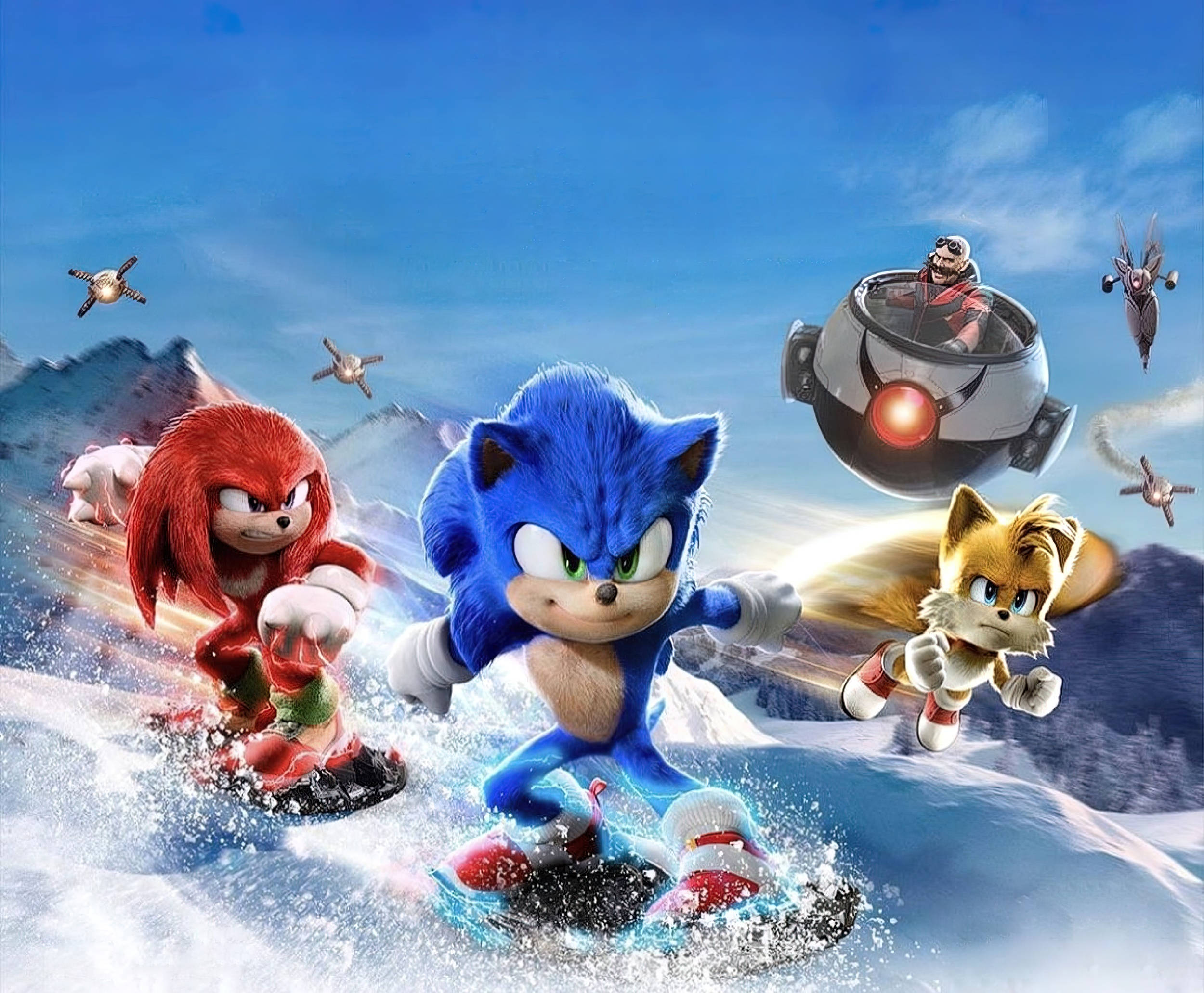 動畫 桌布 壁紙 — Sonic、Knuckles 和 Tails 在雪山玩滑雪板，Eggman 的機器人在天空追著他們。