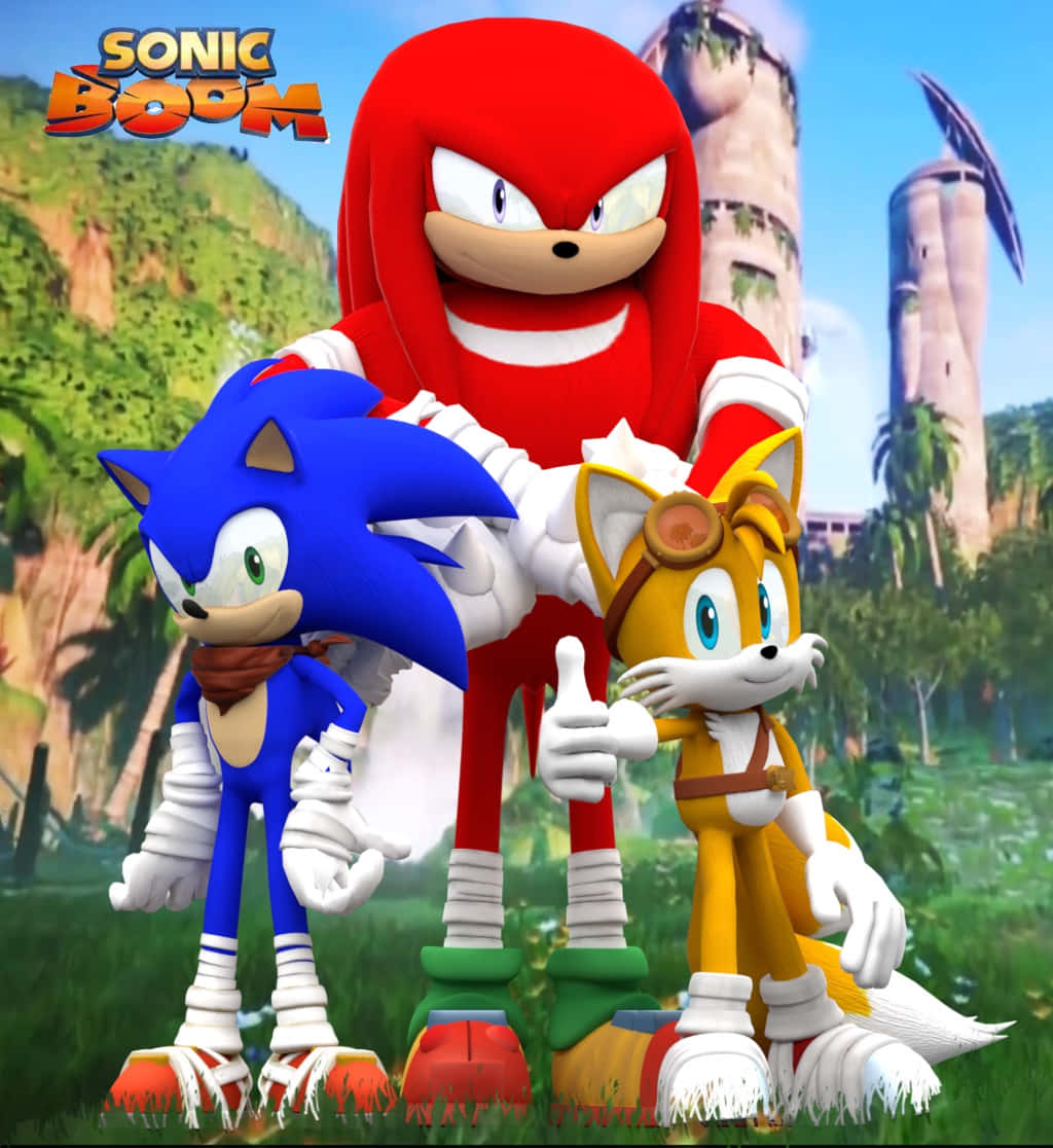 sonic boom 桌布 壁紙 — Sonic、Knuckles 和 Tails 一起站在一個充滿活力的叢林環境中，背後有古老的遺跡。