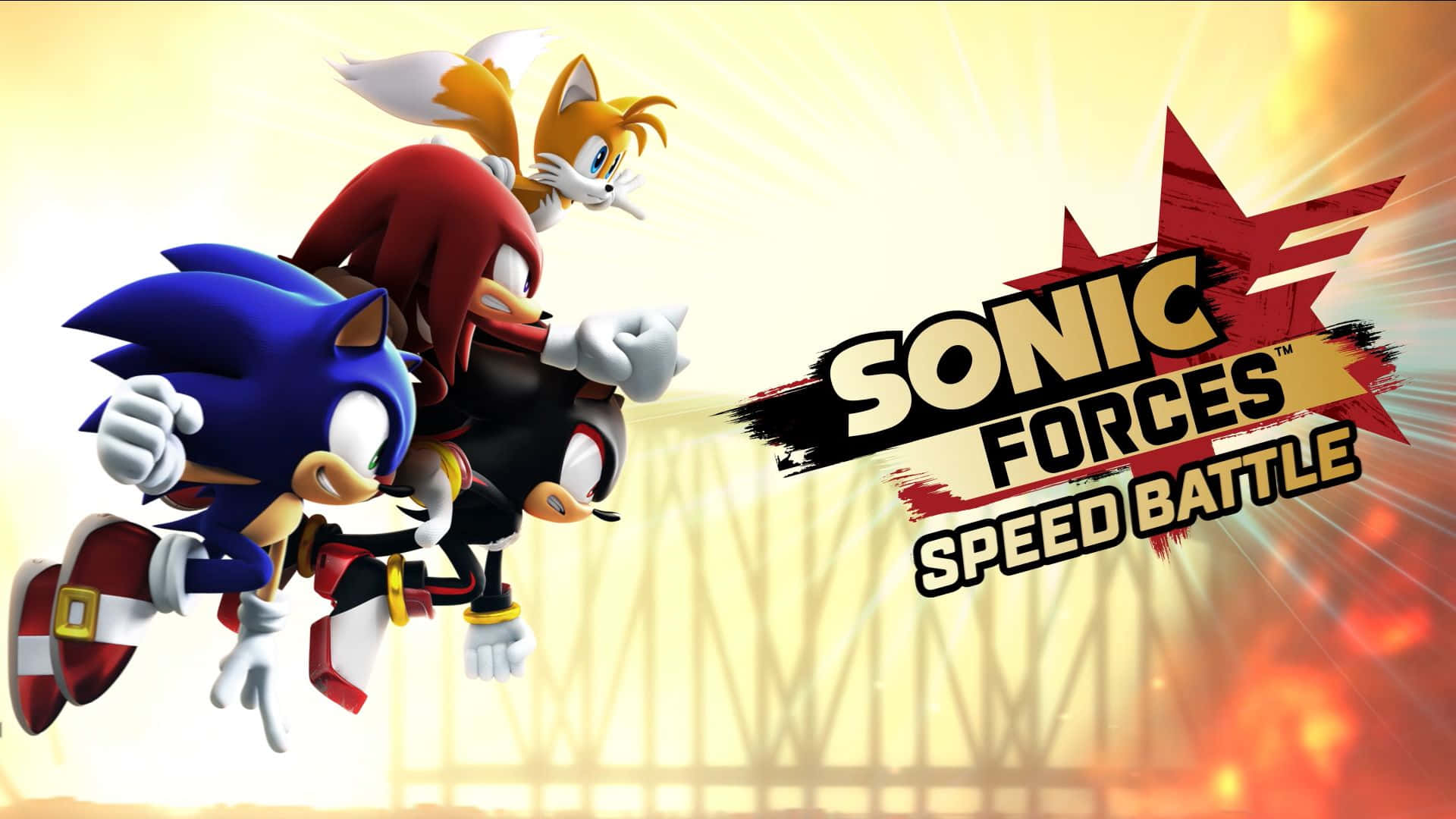Sonic Forces Speed Battle 桌布 壁紙 — Sonic、Knuckles 和 Tails 在熾熱的日落背景下動態競賽，帶有粗體遊戲標題文字。