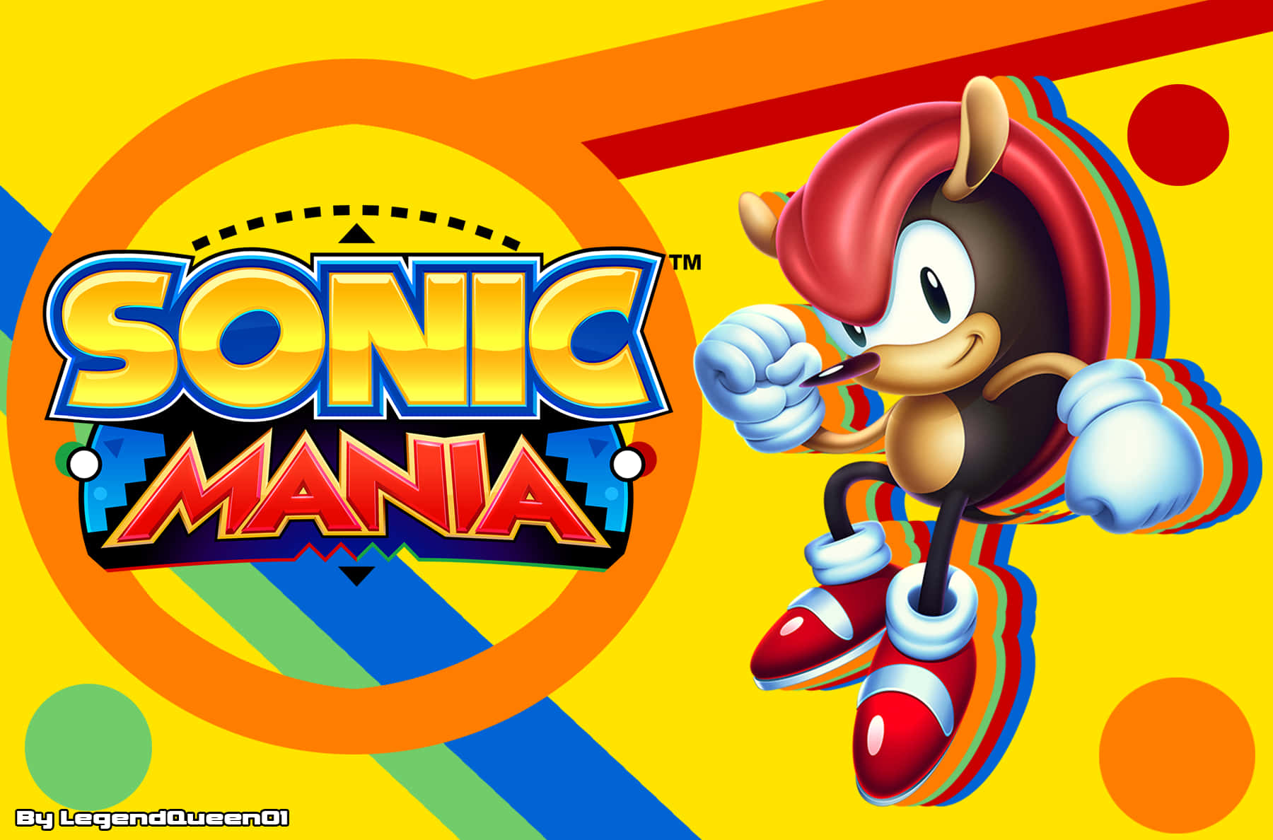 索尼克 桌布 壁紙 — Sonic Mania 標誌，角色塔爾斯在半空中擺姿勢，背景為充滿活力的黃色背景，帶有幾何形狀。