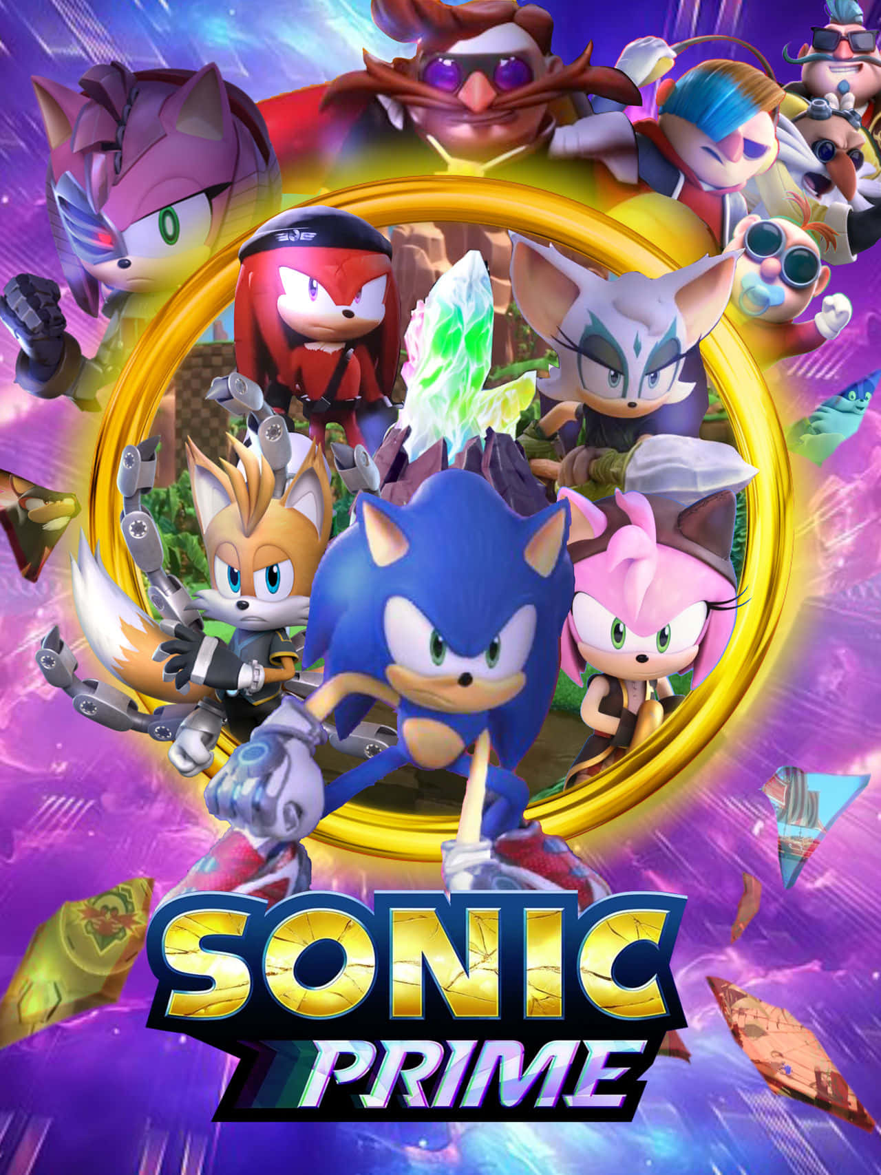  壁紙 — Sonic Prime 角色從金色環中迸發而出，背景是充滿活力的紫色宇宙背景，帶有動態能量效果。