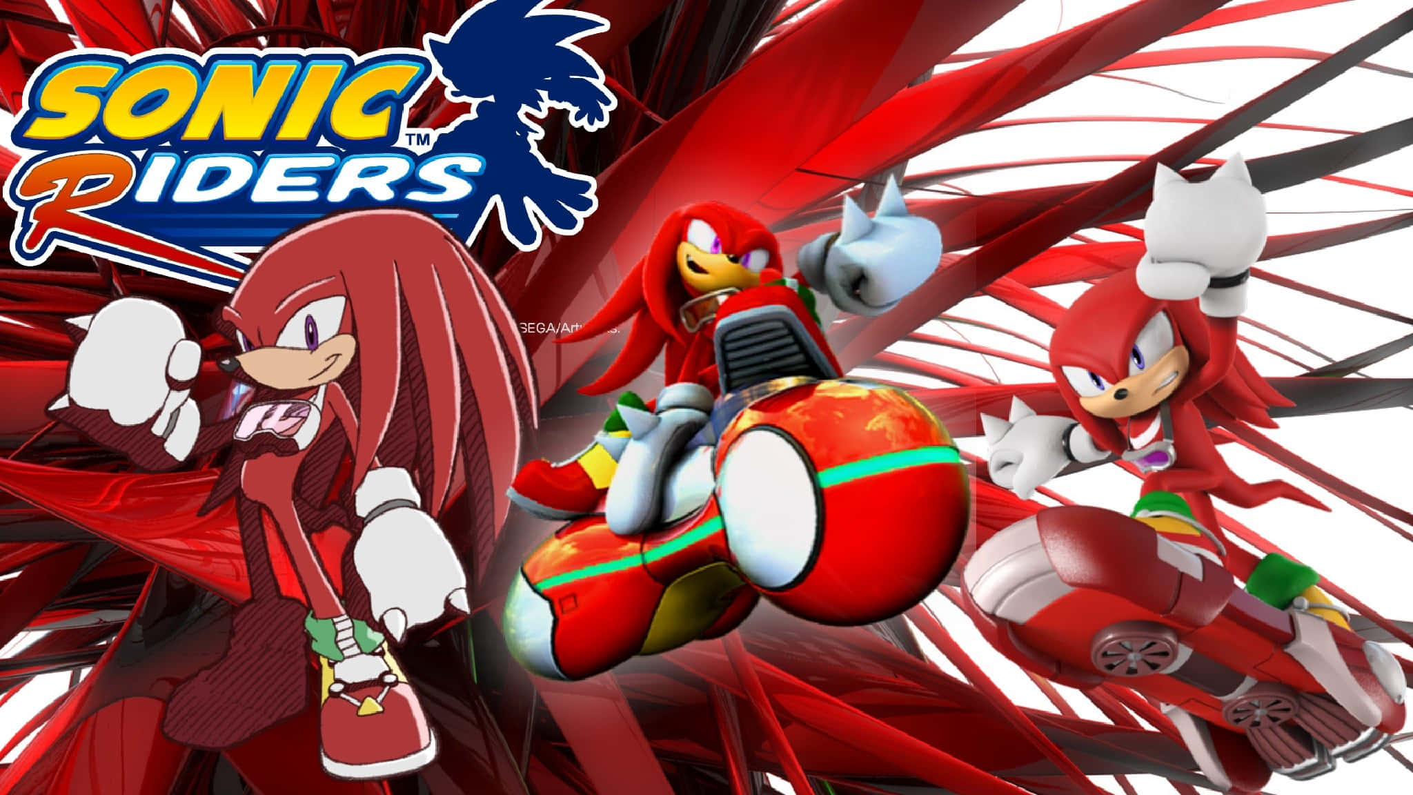 Knuckles 桌布 壁紙 — Sonic Riders 角色在動態的紅白運動模糊背景中奔馳，帶有鮮明的漫畫風格。
