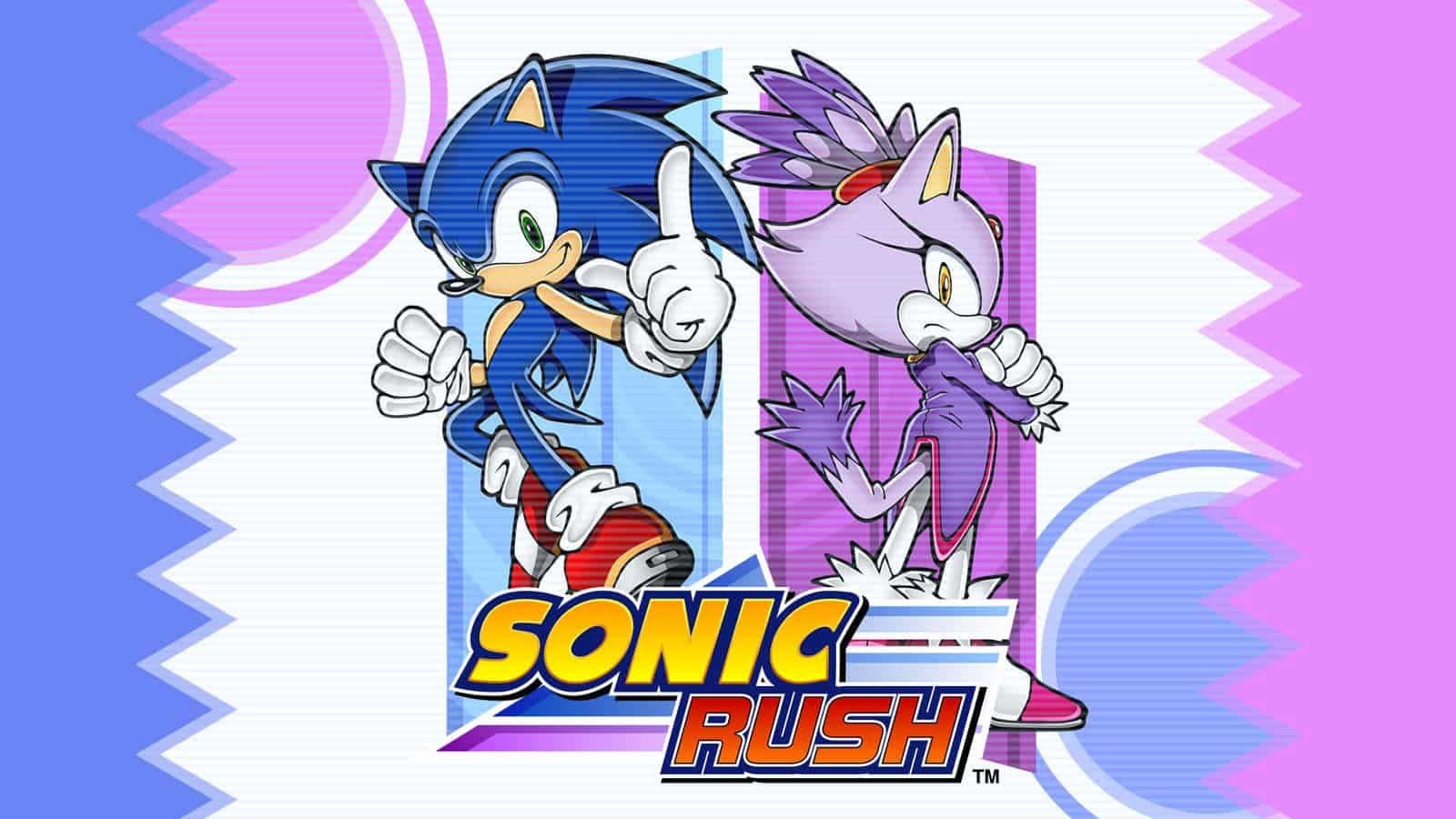 Sonic And Blaze 桌布 壁紙 — Sonic Rush 中的 Sonic 和 Rouge 在充滿活力的復古像素背景上動態擺姿勢，帶有鮮明的鋸齒形圖案。