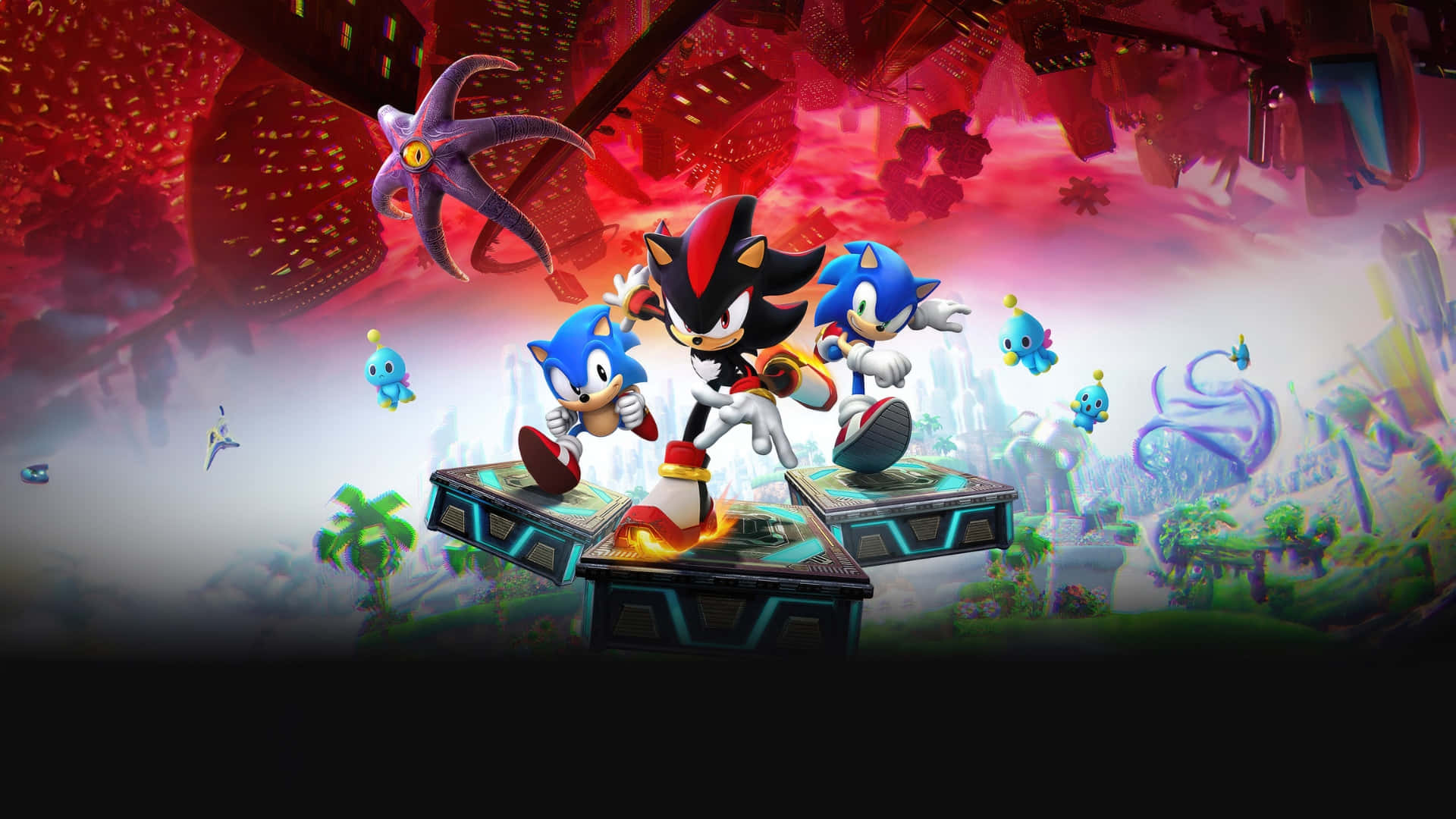  壁紙 — Sonic Shadow 和兩隻藍色刺蝟在充滿發光植物和漂浮生物、色彩鮮豔的超現實景觀中，在浮動平台上競速。