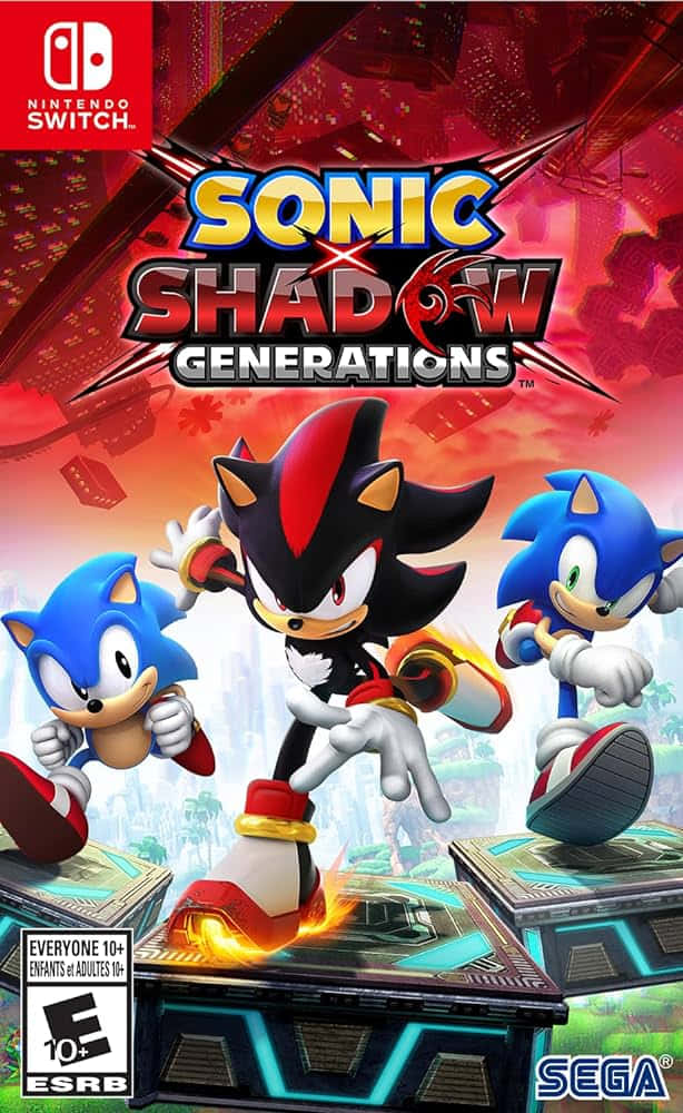  壁紙 — Sonic Shadow Generations 遊戲封面，展示Sonic Shadow和兩個Sonic在火紅與青綠色的未來城市背景下擺出動感姿勢。