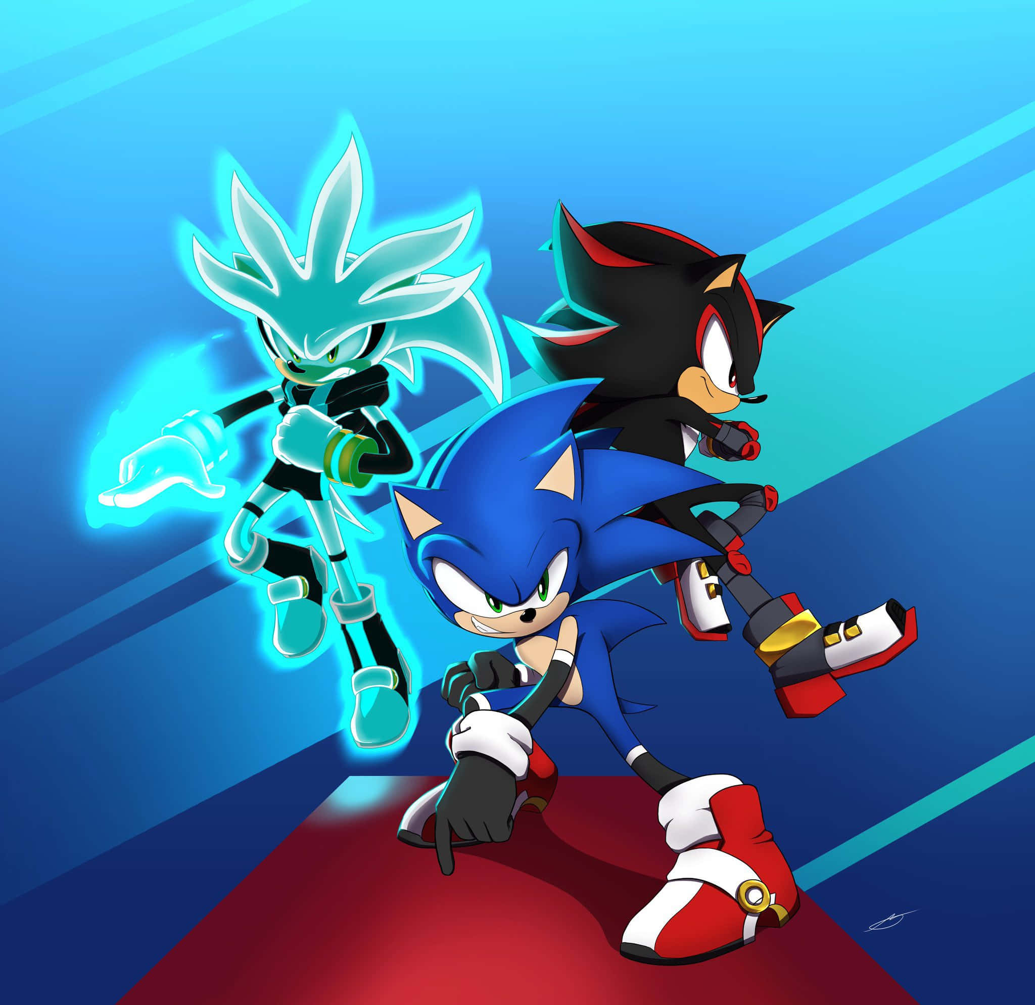 Sonic Chaos 桌布 壁紙 — Sonic Shadow 和 Silver 在動態的藍色和紅色背景上，伴隨著發光的能量效果，準備好採取行動。
