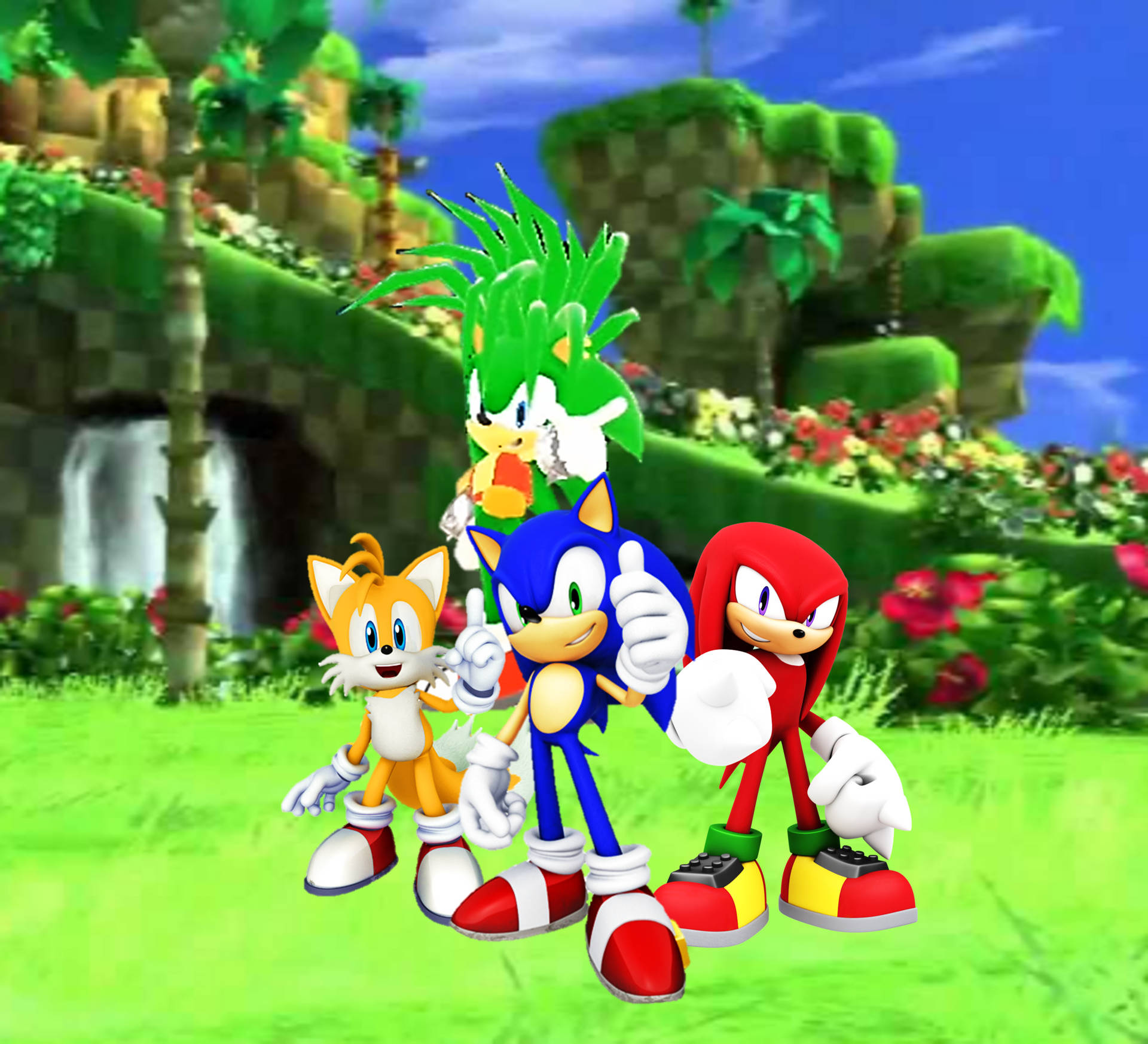 電玩遊戲 桌布 壁紙 — Sonic、Tails、Knuckles 和 Amy 一起站在一個充滿活力的叢林中，有瀑布和色彩繽紛的花朵，在晴朗的藍天下。
