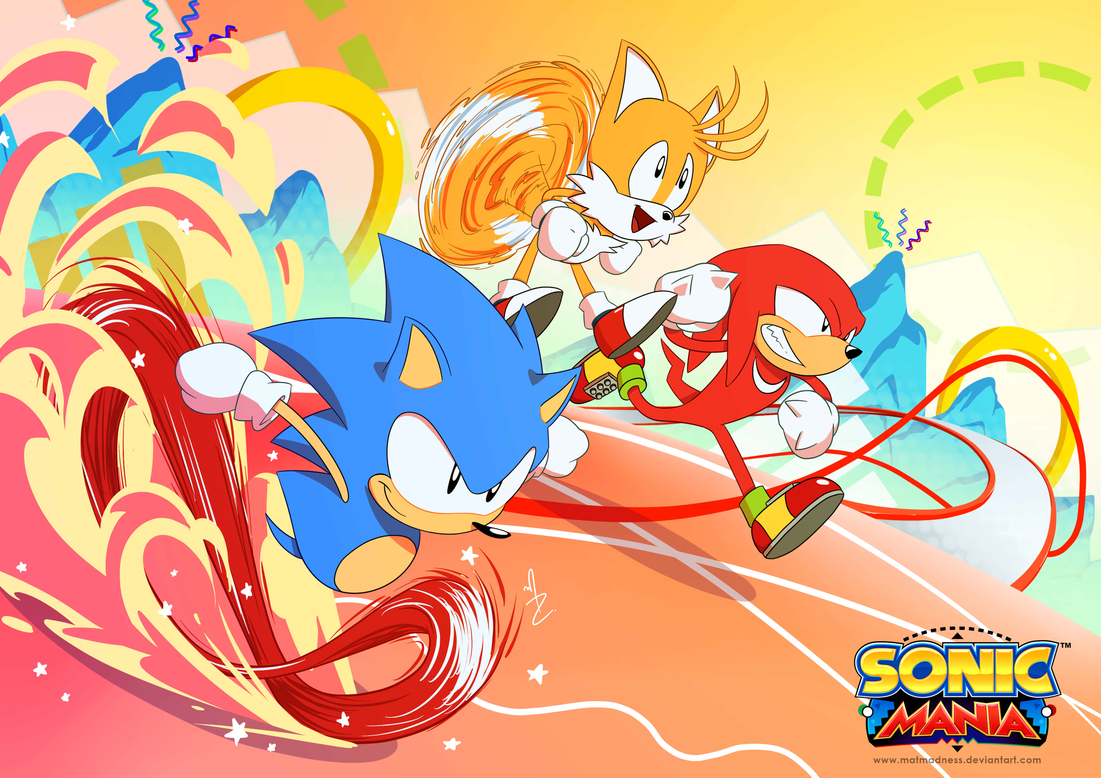 Sonic Mania Logo 桌布 壁紙 — Sonic Tails 和 Knuckles 在色彩繽紛的卡通風景中動態奔馳，帶有運動軌跡和星爆效果。