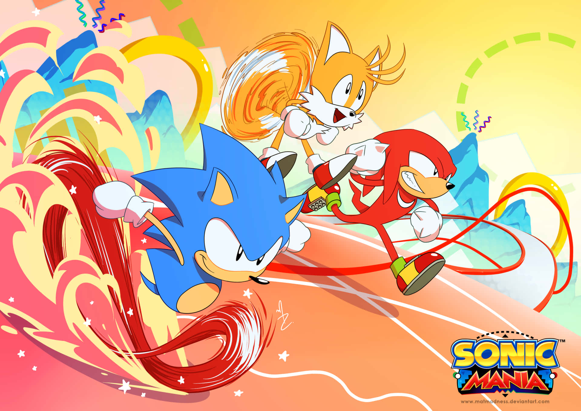 索尼克 桌布 壁紙 — Sonic Tails 和 Knuckles 在色彩繽紛的抽象風景中動態競速，帶有運動軌跡和星爆效果。