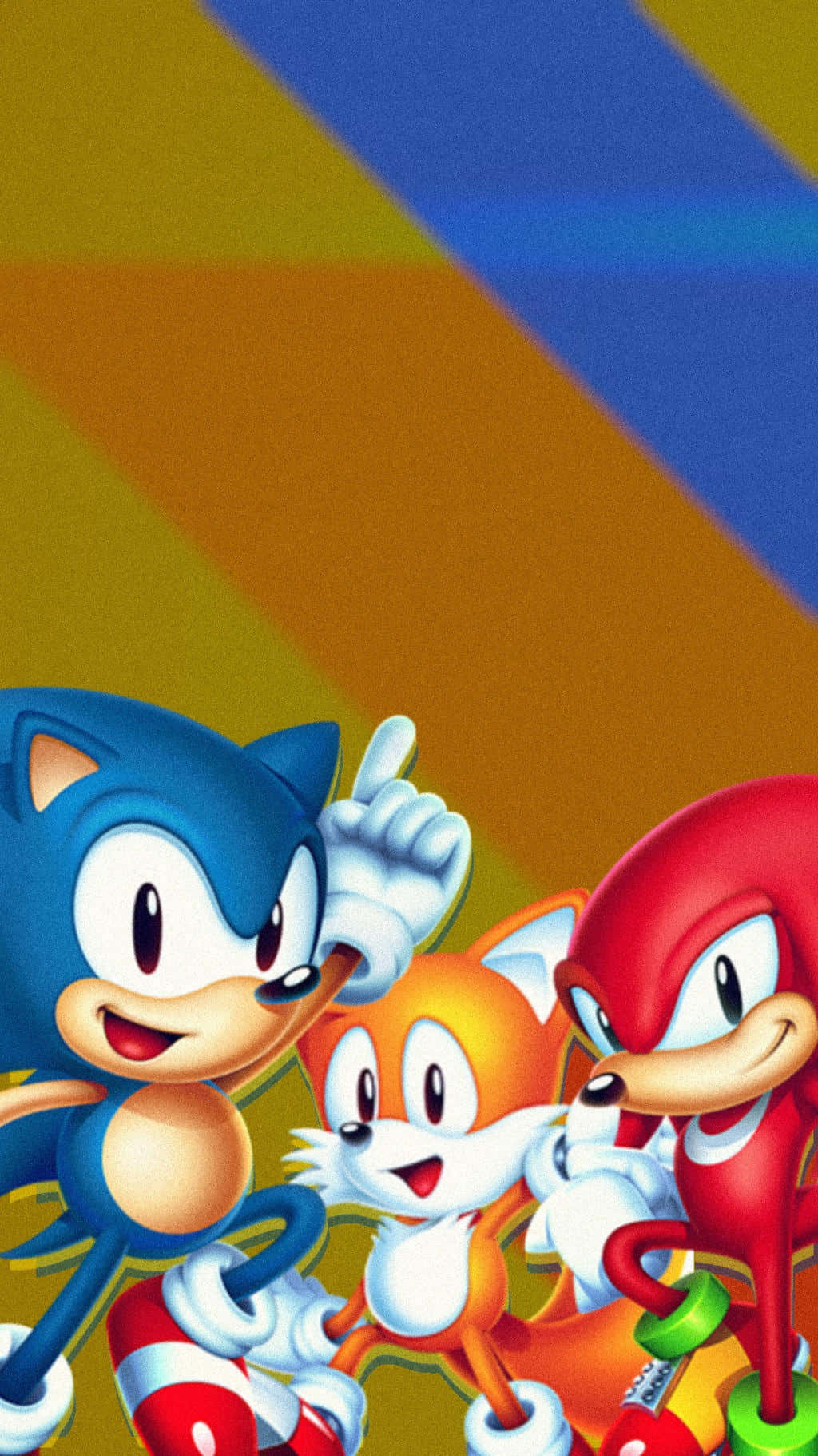 Sonic The Hedgehog 桌布 壁紙 — Sonic Tails 和 Knuckles 在鮮明的對角色塊背景前愉快地擺姿勢。