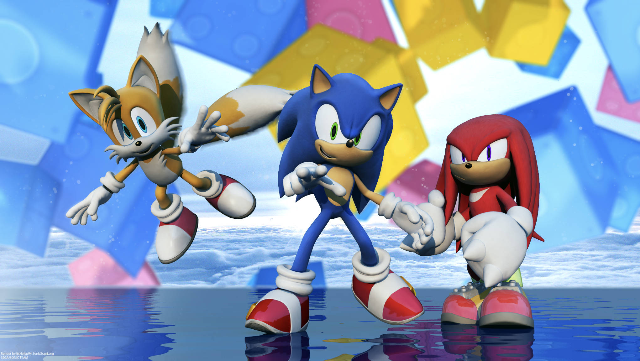 Knuckles 桌布 壁紙 — Sonic Tails 和 Knuckles 英雄般地站在反光表面上，背景是充滿活力的幾何圖案。