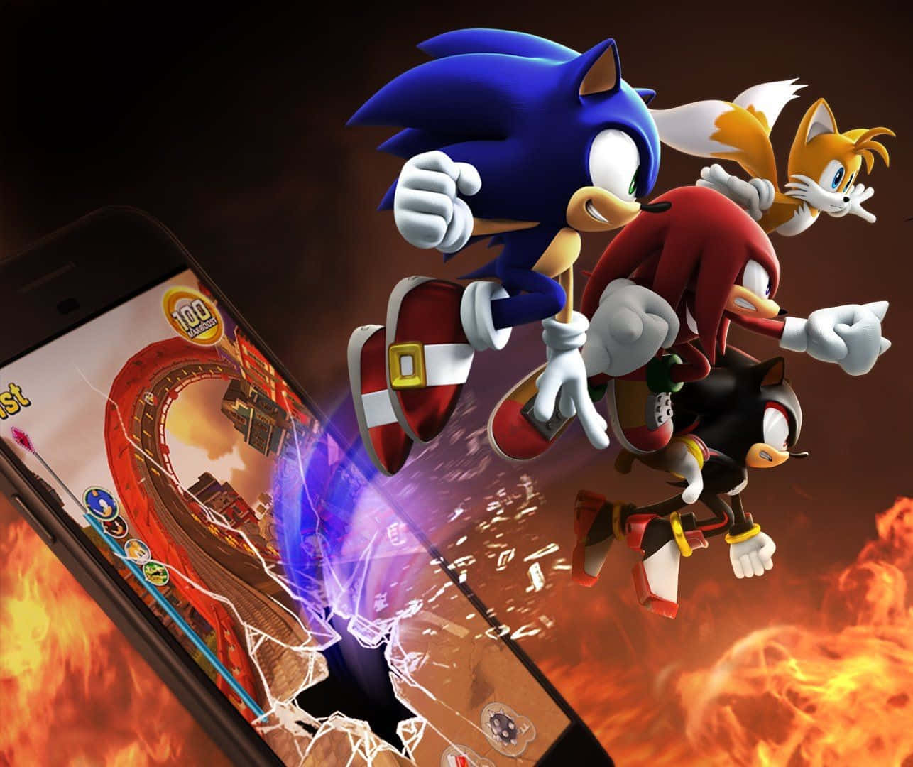 Sonic Forces Speed Battle 桌布 壁紙 — Sonic Tails 和 Knuckles 從破碎的智慧型手機螢幕中衝出，伴隨著熾熱的爆炸和發光的能量。