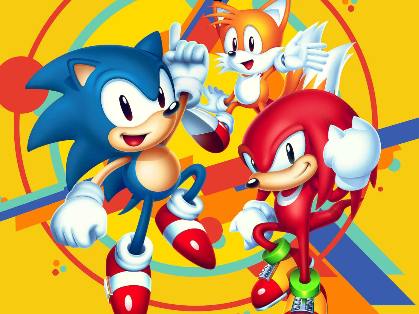 索尼克 桌布 壁紙 — Sonic Tails 和 Knuckles 在充滿活力的抽象背景前愉快地擺姿勢，背景有鮮明的幾何形狀和明亮的色彩。