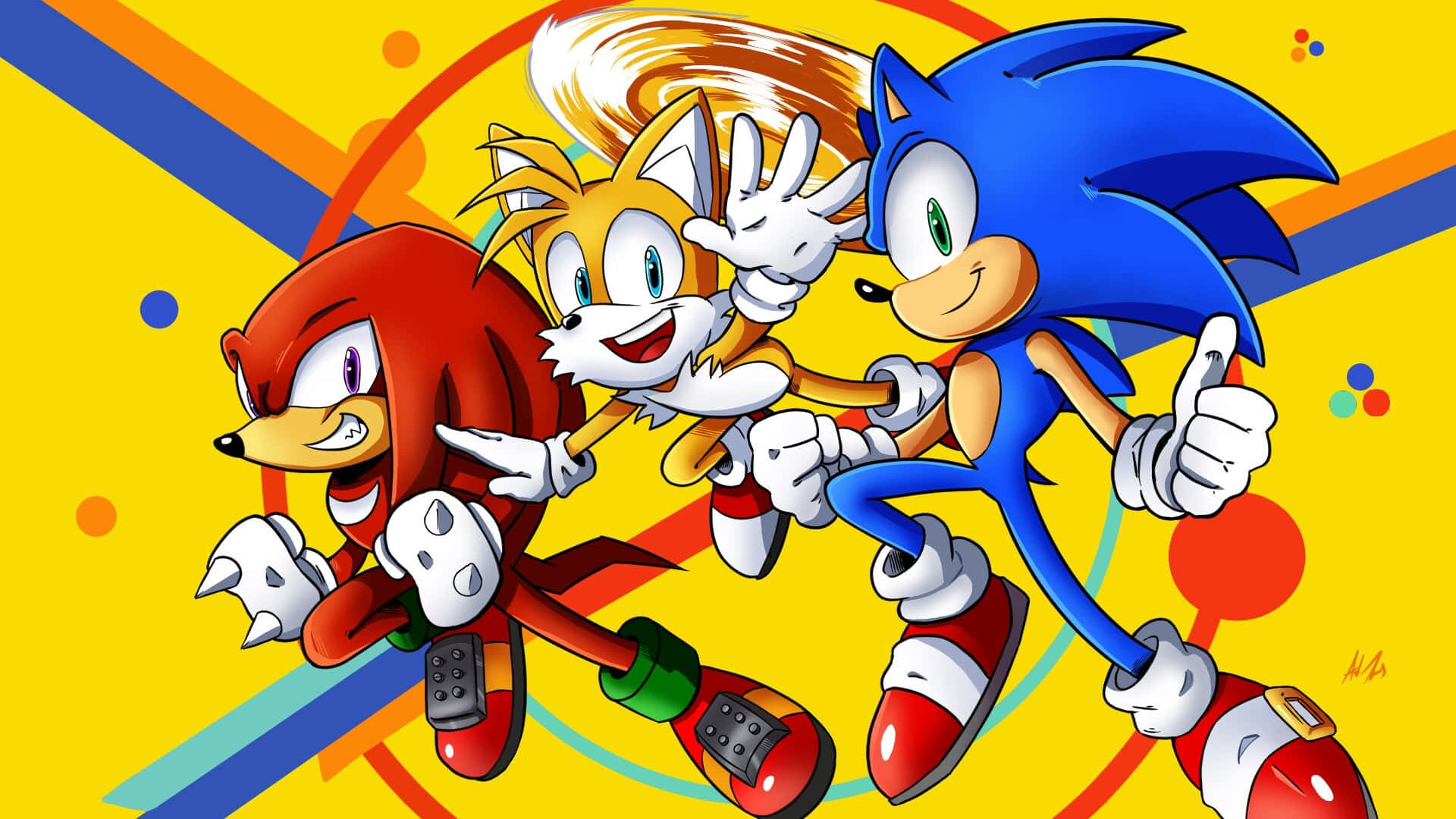 Sonic The Hedgehog 桌布 壁紙 — Sonic Tails 和 Knuckles 在充滿活力的黃色背景上，搭配色彩繽紛的幾何形狀，動態地競速。