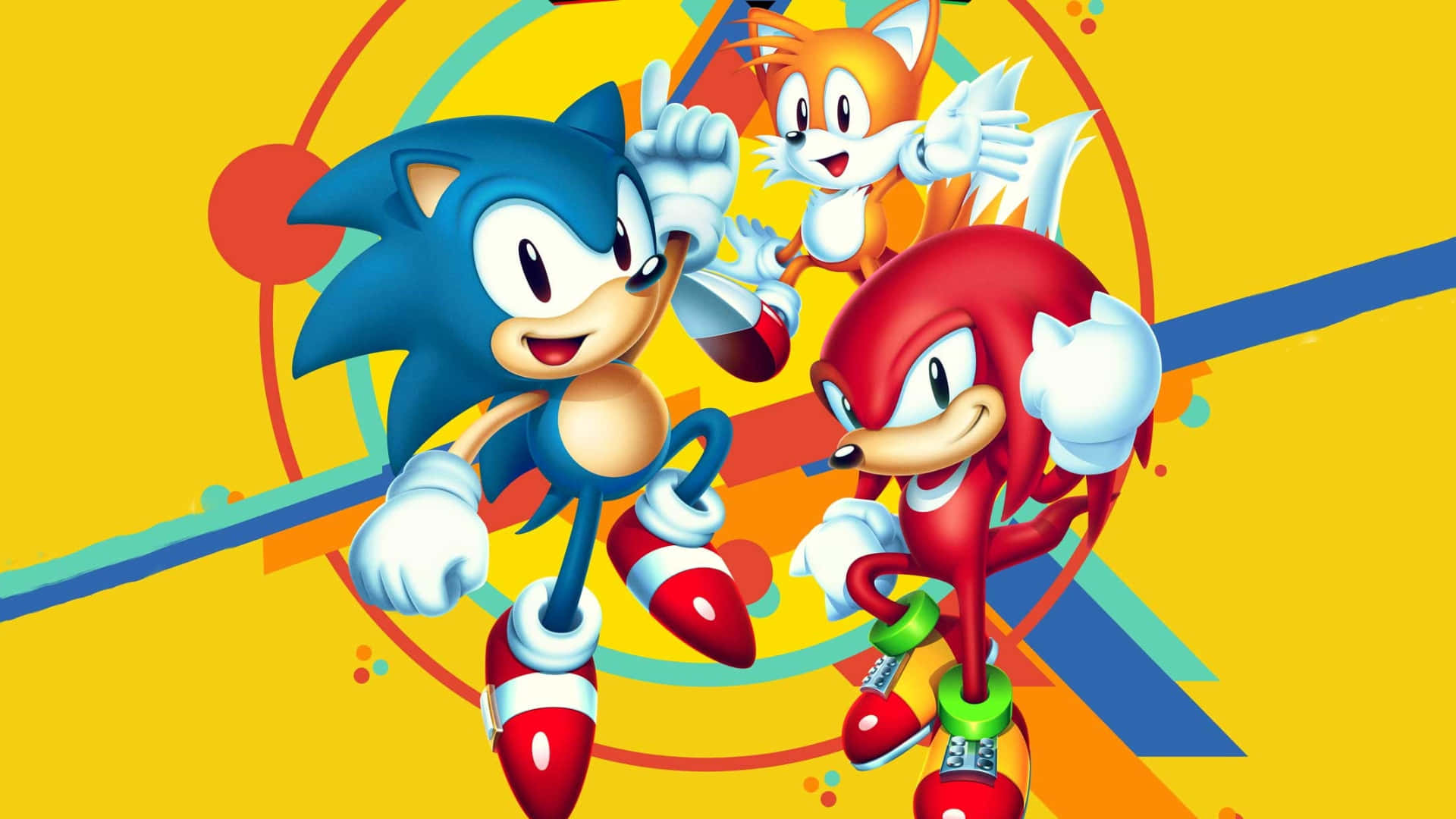 Sonic Adventure HD 桌布 壁紙 — Sonic Tails 與 Knuckles 在明亮的黃色背景上，以色彩繽紛的幾何形狀動態擺姿勢。
