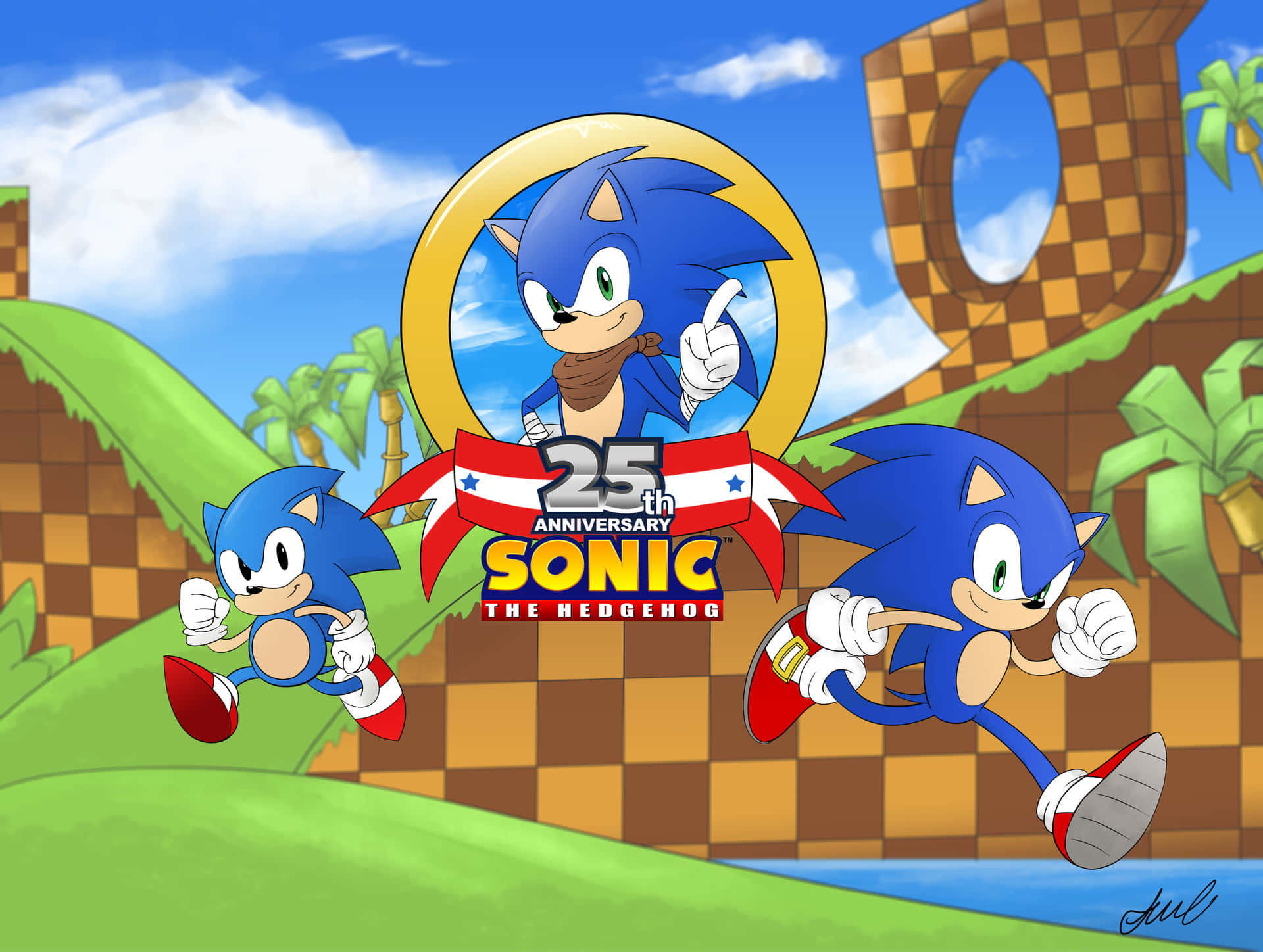 Sonic Logo 桌布 壁紙 — Sonic the Hedgehog 以三個動感姿勢慶祝其25週年，背景是明亮的綠色山丘和格子棕色，在晴朗的藍天下。