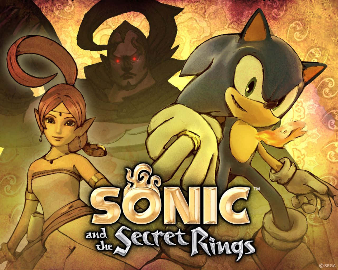 Sonic And The Secret Rings 桌布 壁紙 — Sonic the Hedgehog 和一個女性精靈般的角色英雄般地站在一個逼近的黑暗身影前，背景是旋轉的金色。