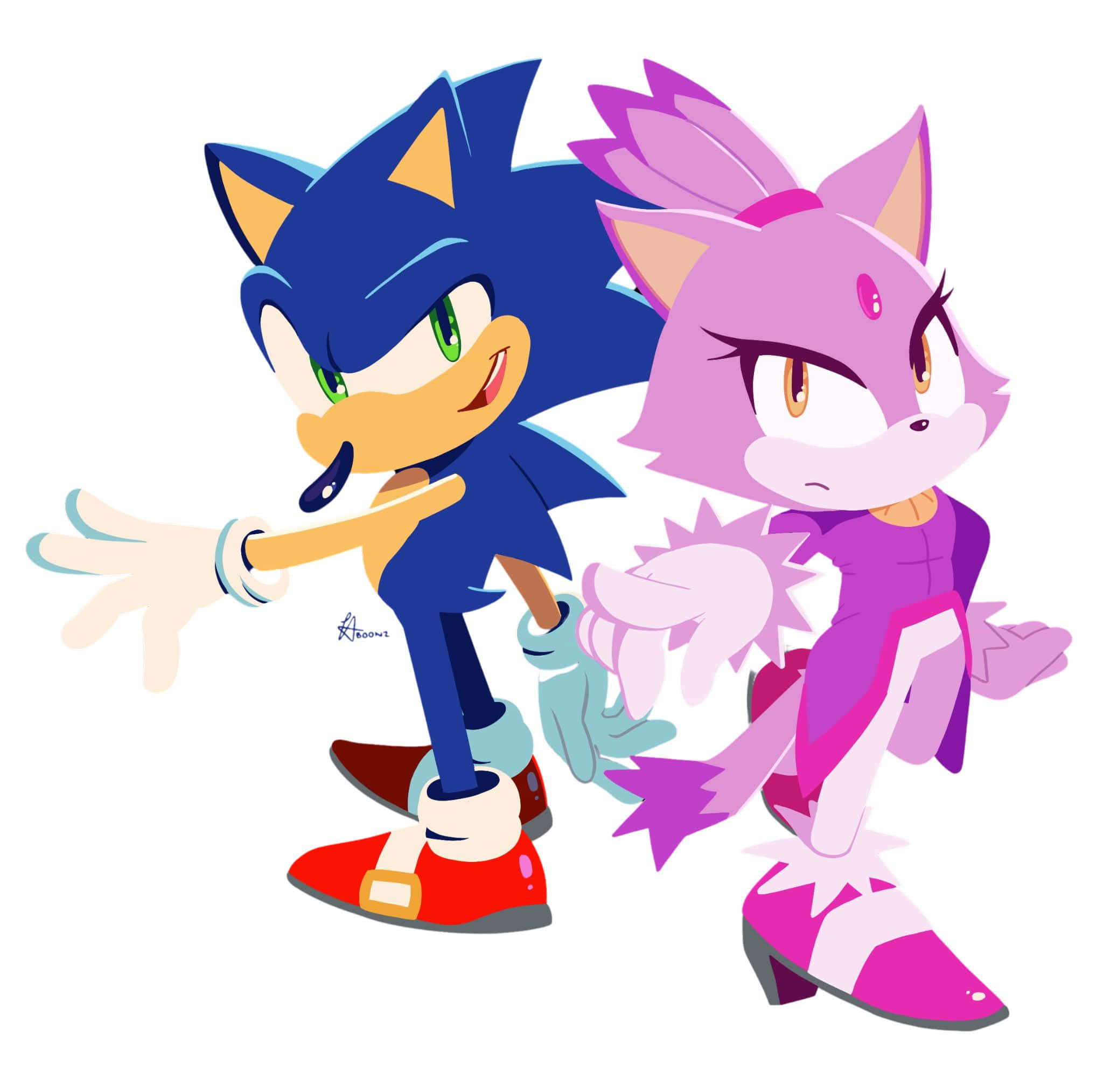 Sonic And Blaze 桌布 壁紙 — Sonic the Hedgehog 和一個粉紅色貓角色在純白色背景前動感擺姿勢。