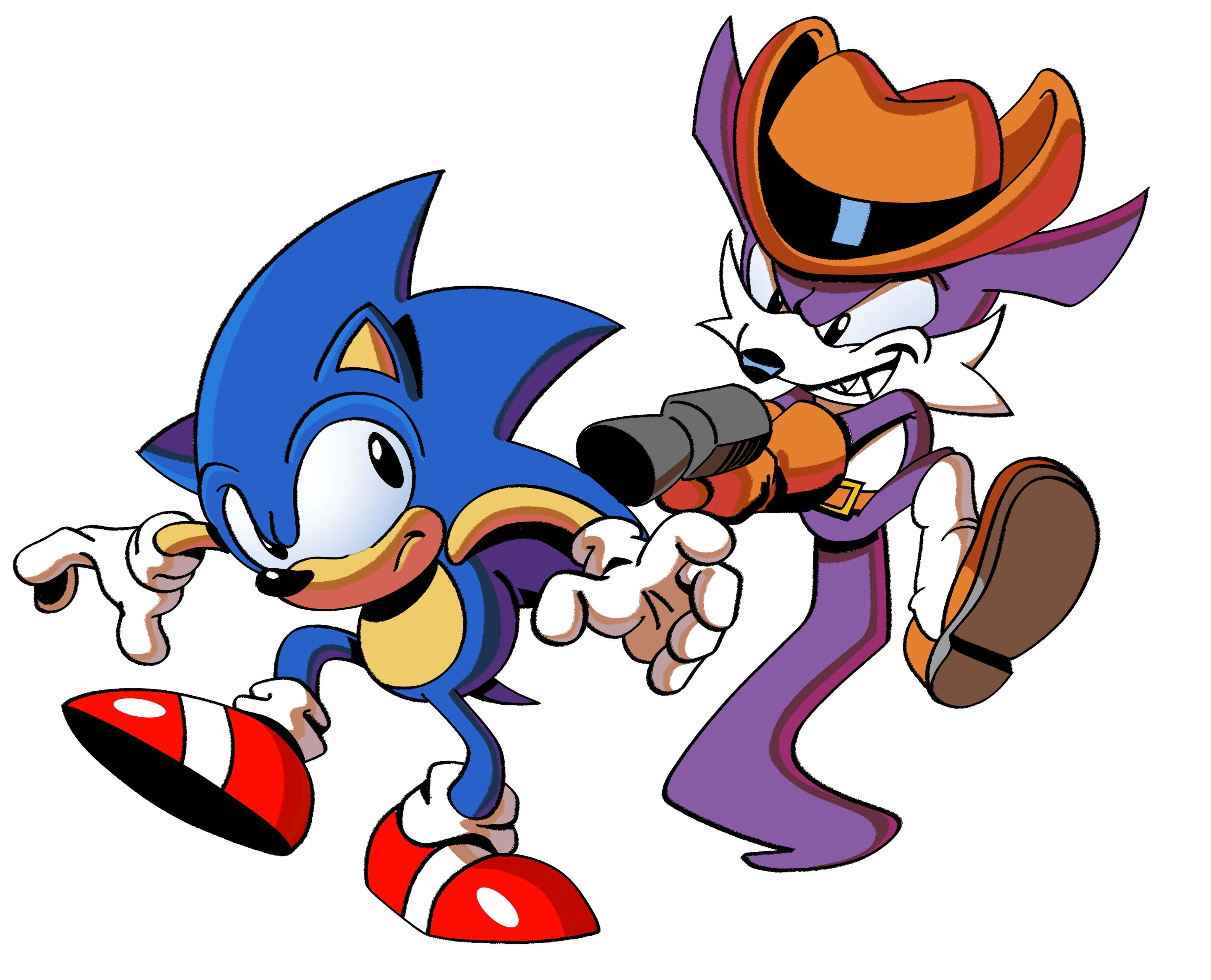 Fang The Sniper 桌布 壁紙 — Sonic the Hedgehog 和一隻戴牛仔帽的紫色狐狸以動態卡通姿勢並肩奔跑。