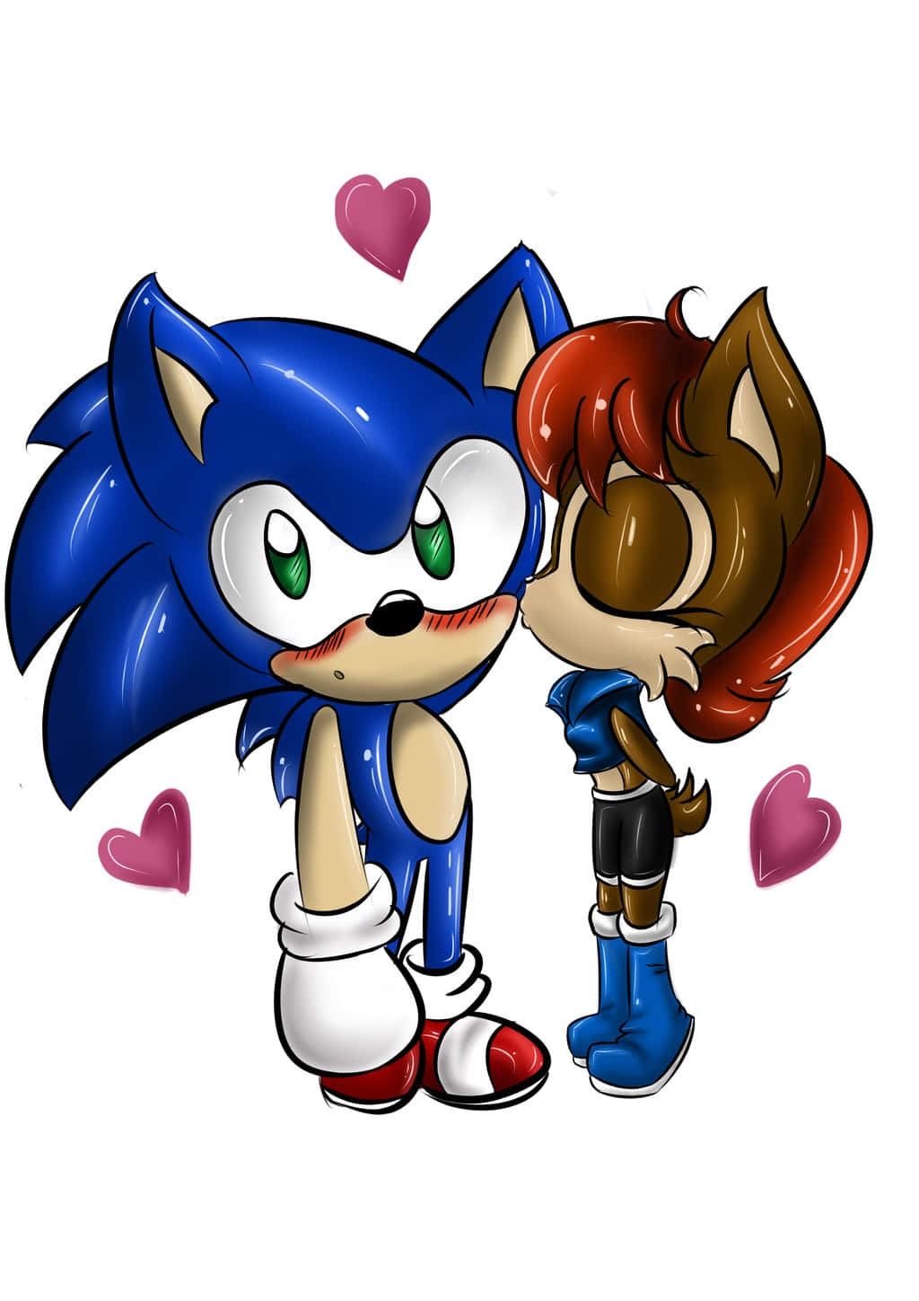 Sonic And Sally 桌布 壁紙 — Sonic the Hedgehog 和一個紅髮女性角色在漂浮的粉紅色愛心環繞下分享一個甜蜜的吻。