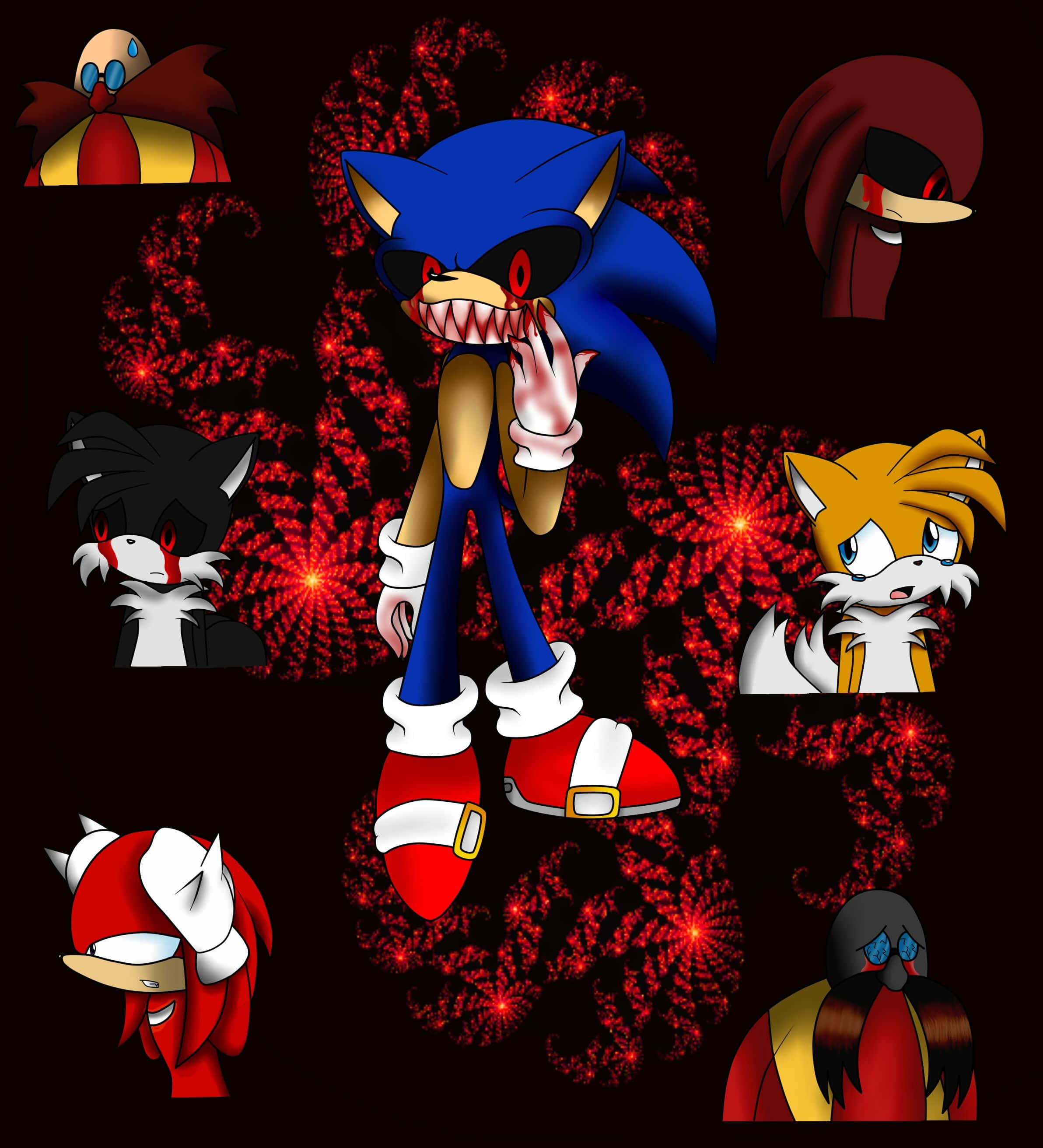 Sonic Exe 桌布 壁紙 — Sonic the Hedgehog 與盟友在暗紅色火焰背景中，帶著威脅表情和發光的眼睛。